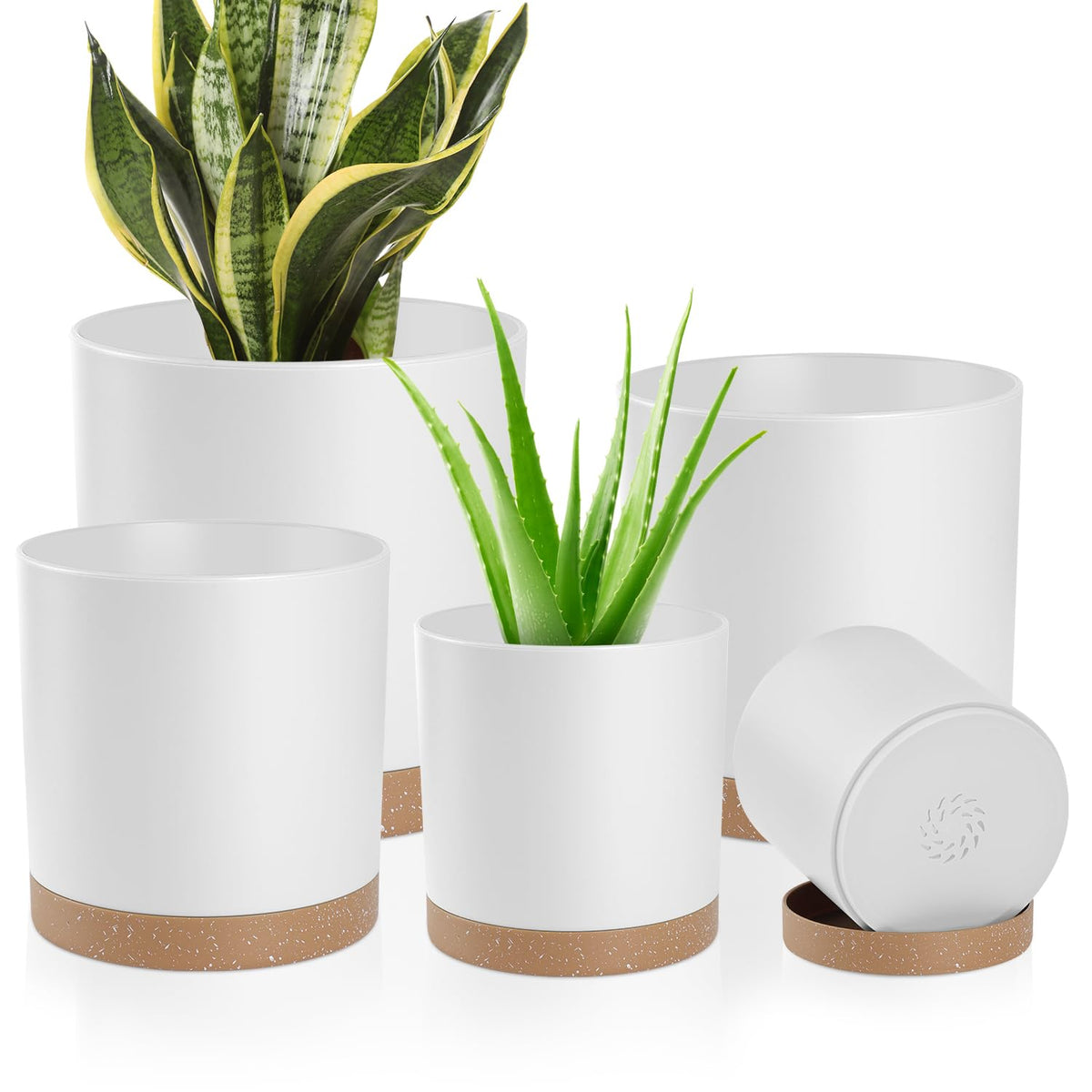 YNNICO Plant Pots with Drainage Holes and Saucers – 7, 6.5, 6, 5, 4 Inch Plastic Planters for Indoor Outdoor Plants, Modern Matte Finish, Lightweight & Durable（White