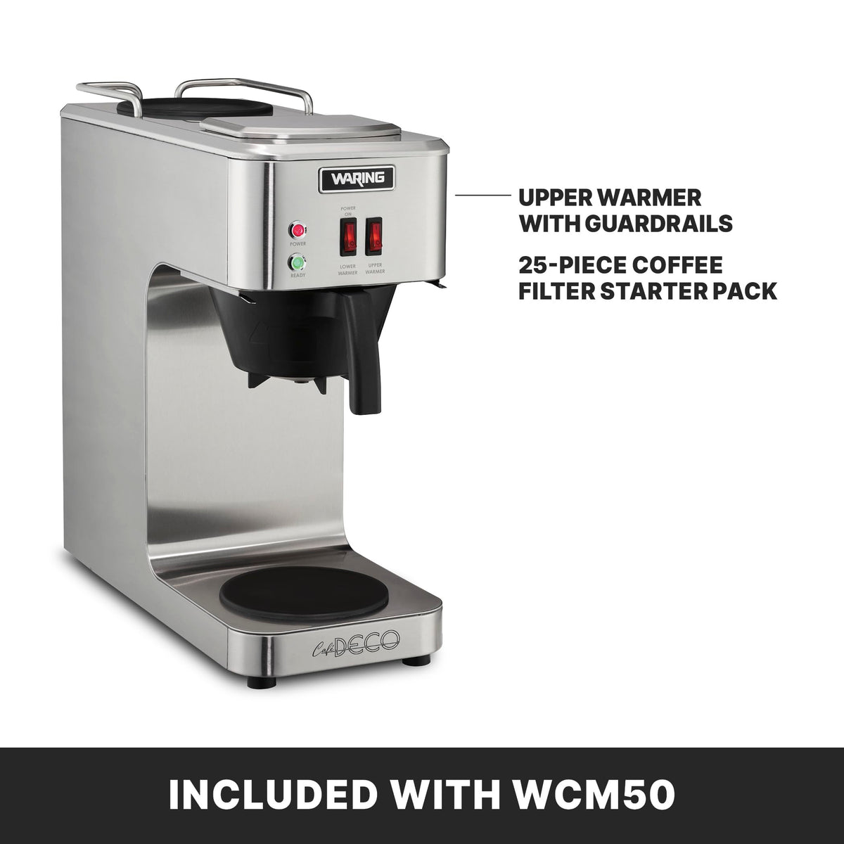 Waring Commercial Café Deco Pour Over Coffee Brewer, 3 Gallons per Hour, 2 Individual Warmers, Fits Large 64 oz Decanters, Stainless Steel, No Plumbing, NSF Certified, WCM50