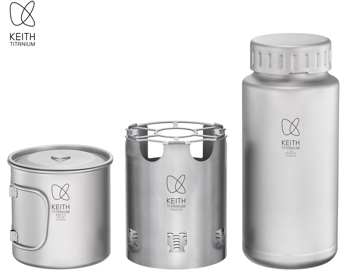 Keith Titanium Ti3070 Nesting Camp Set - Ultralight Plastic-Free Titanium Bottle, Mug & Wood Stove with Canvas Carry Bag - Durable, Portable, and Eco-Friendly for Camping, Hiking & Outdoor Adventures