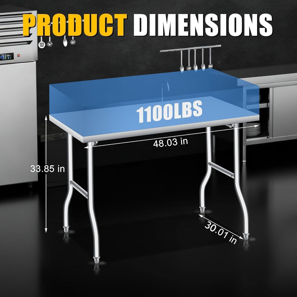 GarveeTech Stainless Steel Folding Work Table, 48x30 in, 1-Tier Heavy Duty Commercial Prep Table, Rust-Resistant 1100 LBS Capacity Utility Table for Kitchen, Restaurant, Catering and Garage