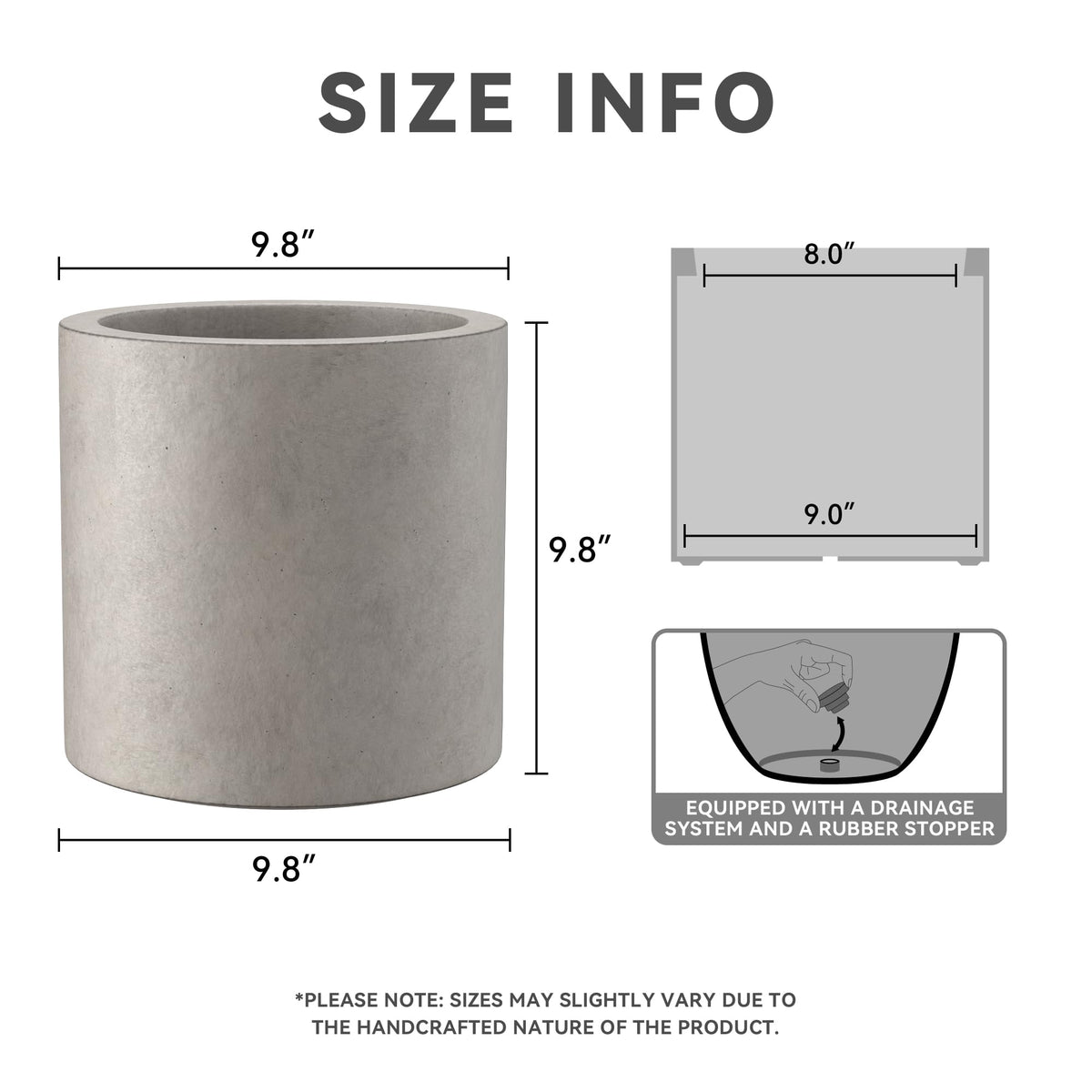 Kante 9.8" Dia Round Concrete Planter, Modern Style Large Cylindrical Plant Pot with Drainage Hole and Rubber Plug for Indoor Outdoor Patio, Weathered Concrete