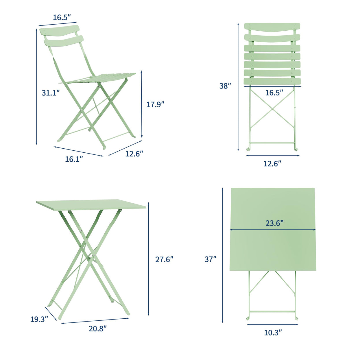 Garvee 3-Piece Patio Bistro Set – Metal Frame Folding Patio Furniture, Outdoor/Indoor Bistro Table and Chairs Set, No Assembly Needed, for Balcony, Yard, Garden, Green