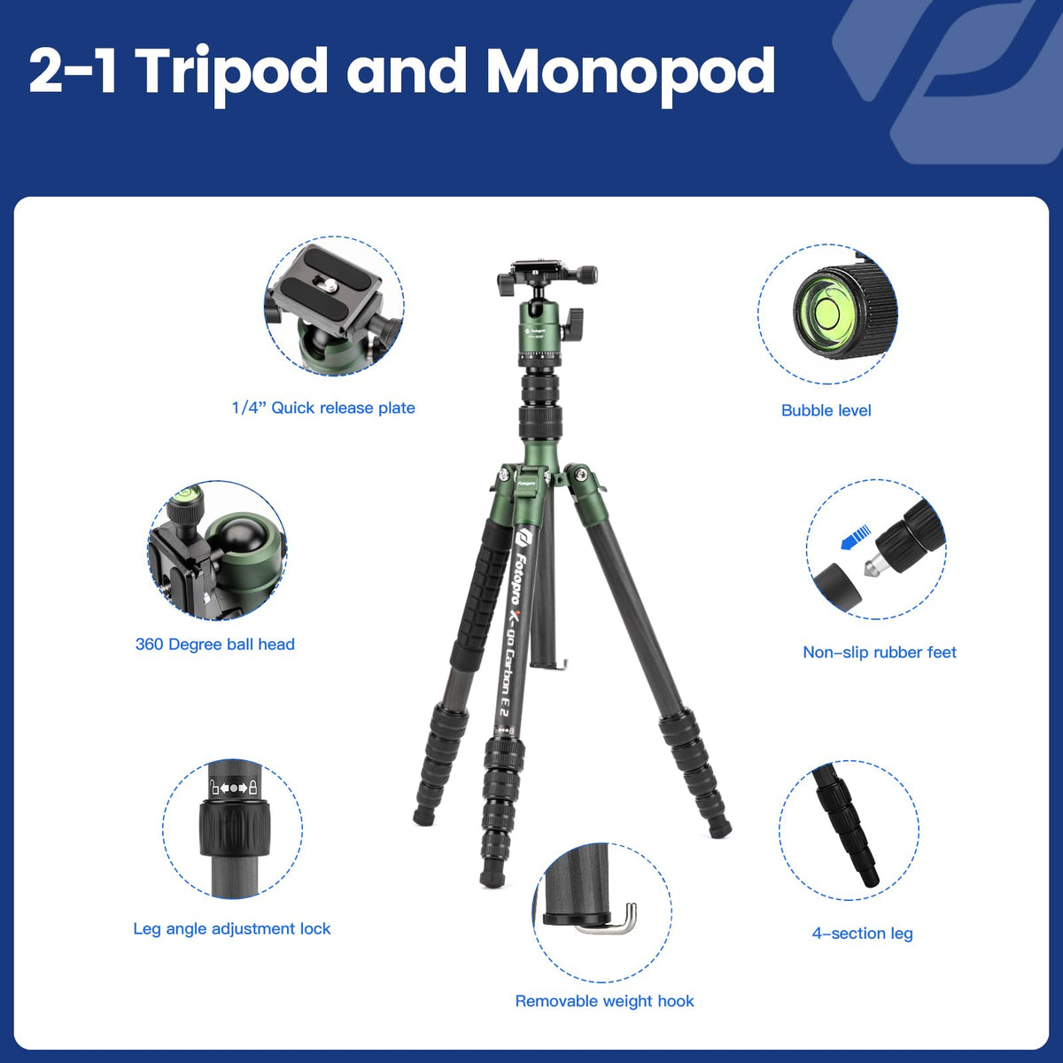 Fotopro 62" Carbon Fiber Travel Tripod, Lightweight Compact Camera Tripod with 360 Degree Ball Head, Detachable Monopod with Arca-Swiss QR Plate and Bag, Load up to 8KG/17.63lbs, Weighs only 2lb