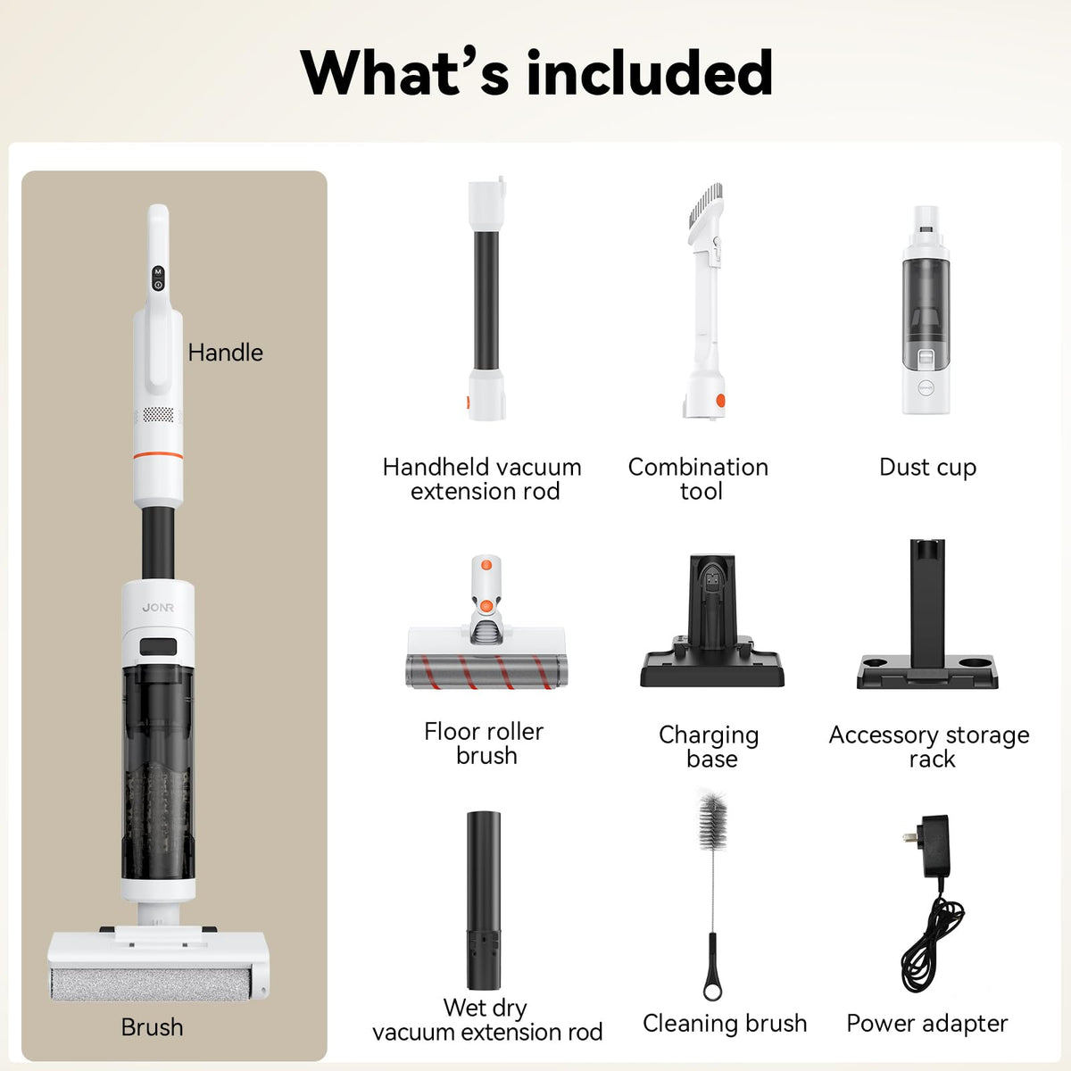 JONR ED20 Pro 4-in-1 Wet Dry Vacuum Cleaner Cordless,17000 Pa Vacuum Suction Power, Self-Cleaning and Automatic Drying with One Click, Intelligent Voice Reminder