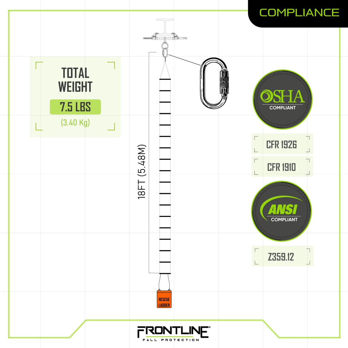 Frontline Fall Protection RLA18 Rescue Ladder Kit 18' | Breaking Strength: 5,000lbs/ 22kN | OSHA Compliant Rescue Kit with Deployment Bag | ANSI Z359.12 Steel Carabiner (30kN)