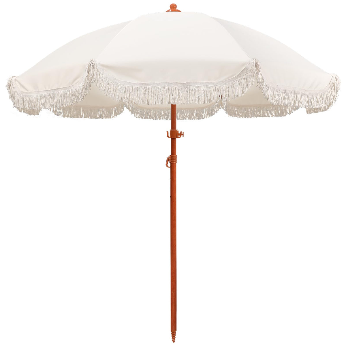 Jihfmo 7.3ft Boho Beach Umbrella with Integrated Sand Anchor & Reinforced 8mm Ribs – Heavy Duty Windproof Fringe Patio Umbrella, UPF 50+ Sun Shade with Tilt Mechanism & Carry Bag for Outdoor, Garden, Seaside (Cream/White)