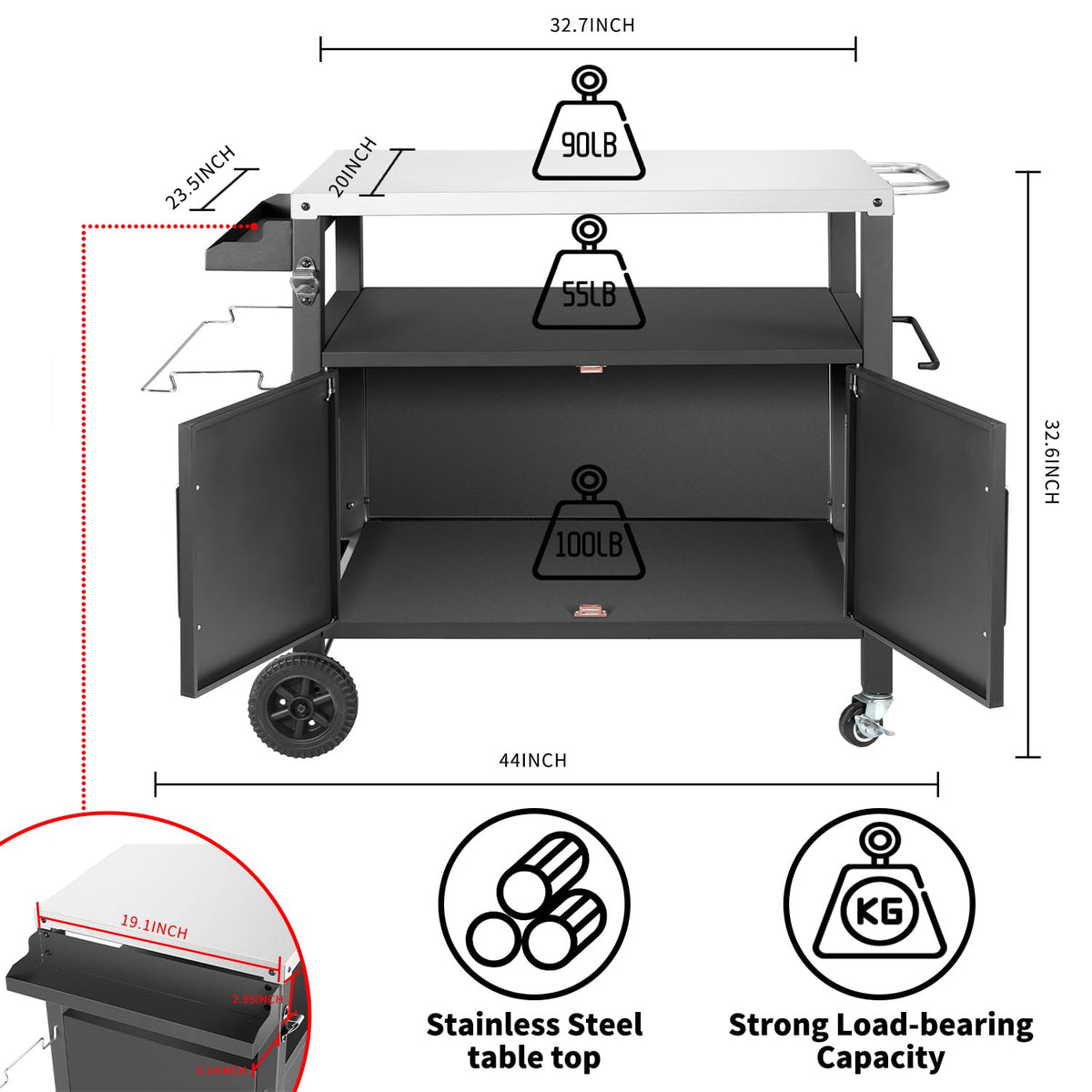 Dining Cart Table with Big Storage Cabinet, Movable Outdoor BBQ Grill Table Pizza Oven Stand, Kitchen Cart Island Multifunctional Food Prep for Inside and Outside