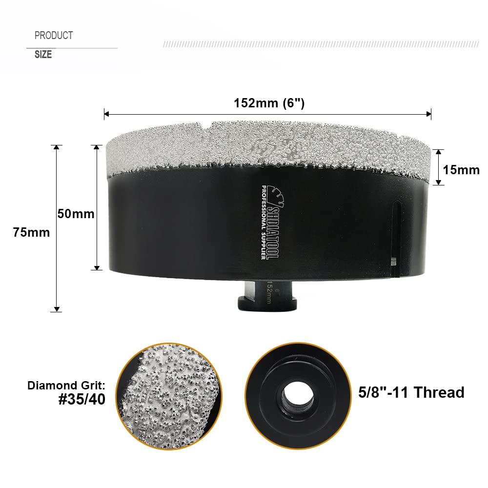 SHDIATOOL Diamond Core Drill Bits 6 Inch for Porcelain Ceramic Tile Marble Brick Vacuum Brazed Hole Saw