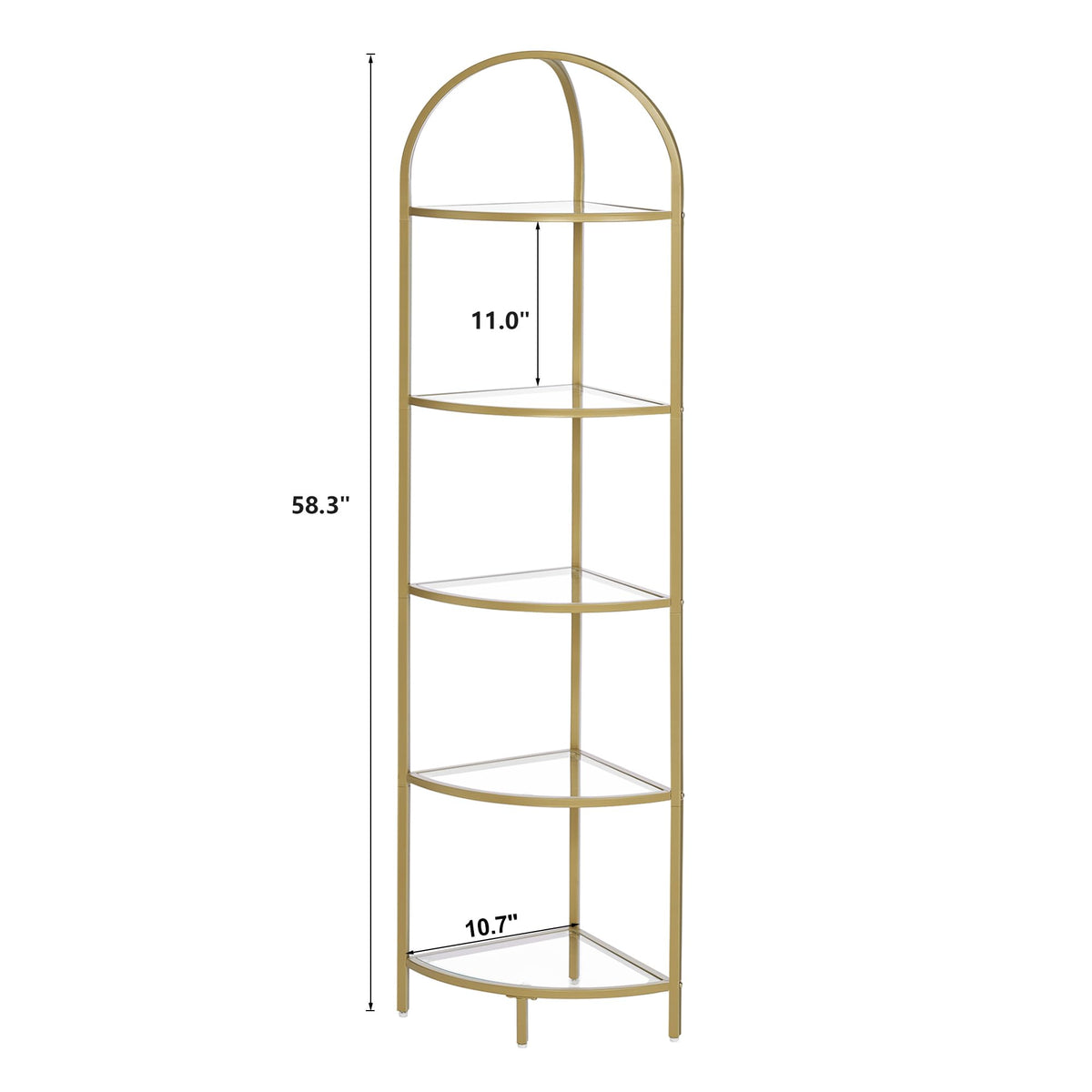 Homhedy 5-Tier Corner Shelf Stand, Metal Corner Bookshelf, Tempered Glass Shelves, Bathroom Storage Rack Shelf, Plant Stand, Modern Style, Golden