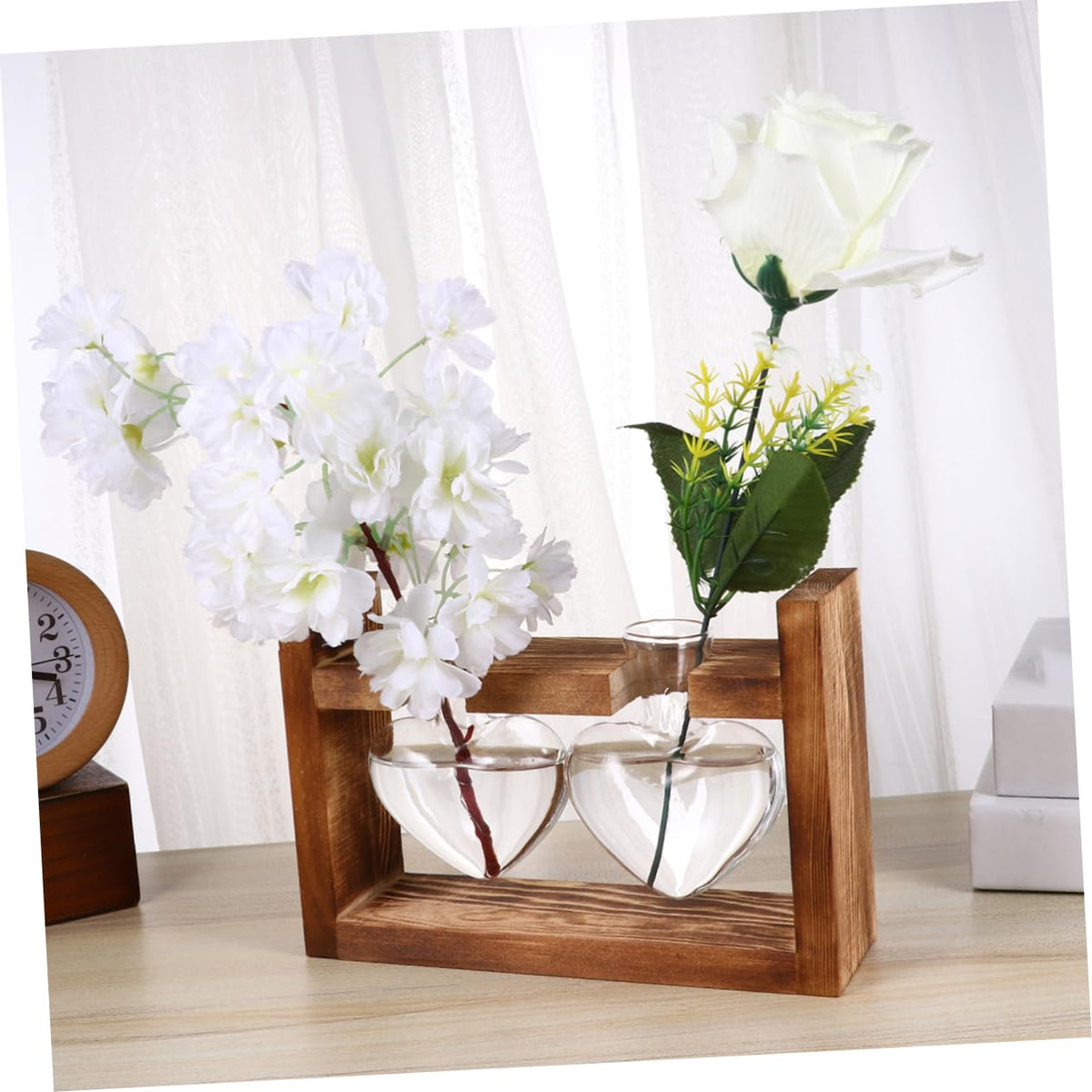 Ciieeo 2Pcs Heart Shaped Glass Hydroponics Planter with Retro Wooden Rack Temperature Resistant Vase for Flower Arrangement and Indoor Plant Propagation Decorative Terrarium for Home