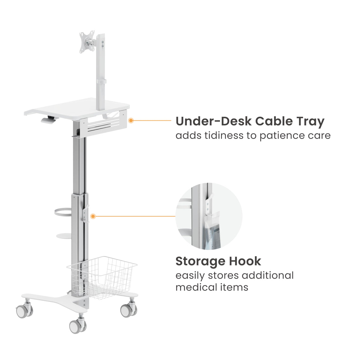 Mount Plus MB-C10 Medical Trolley Cart For Monitor Desktop With Keyboard Table, Basket, Wipe Holder, Scanner Holder For Hospital Clinic Dental Office Home Office | Height Adjustable Mobile Workstation