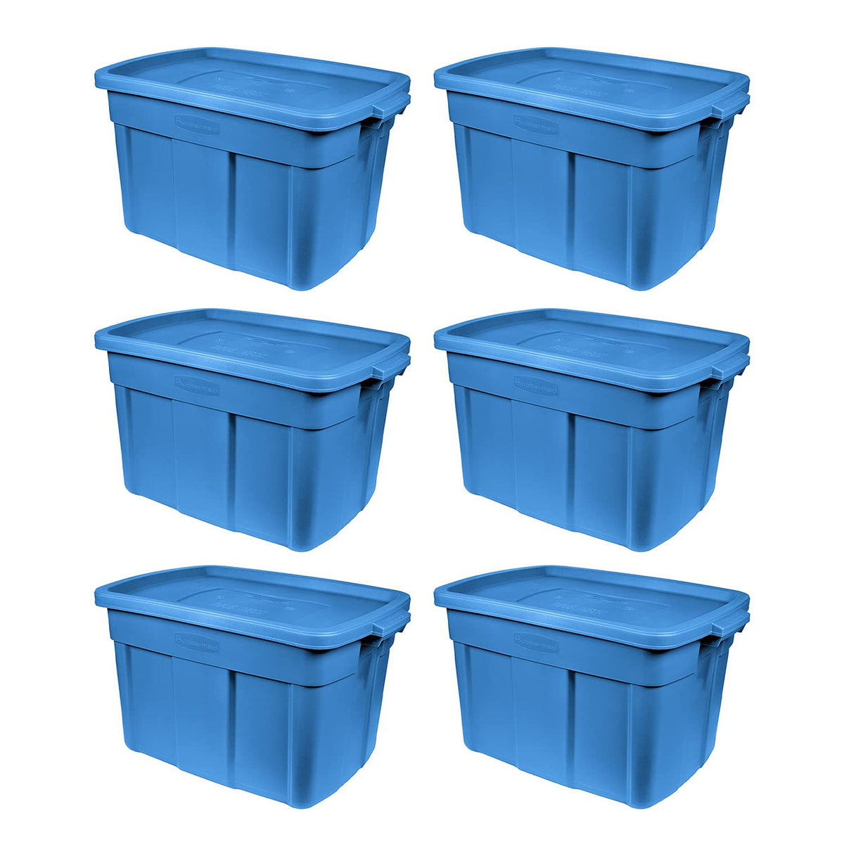 Rubbermaid Roughneck Tote 18 Gal, 6 Pack, Made in USA, Heritage Blue, Rugged Plastic Stackable Storage Bins with Lids and Handles