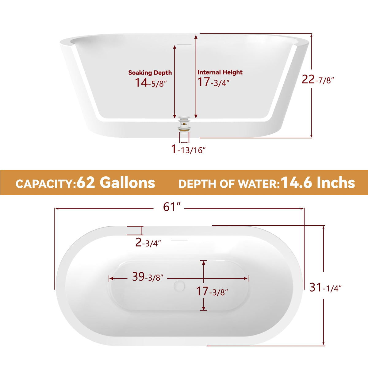 SYLONWILL 61 in. x 31 in.Classic Oval Acrylic Free Standing Tub, Heavy Duty Deep Soaking Tub, Bathroom Stand Alone Tub, Freestanding Bathtub SY1255 (Glossy White)
