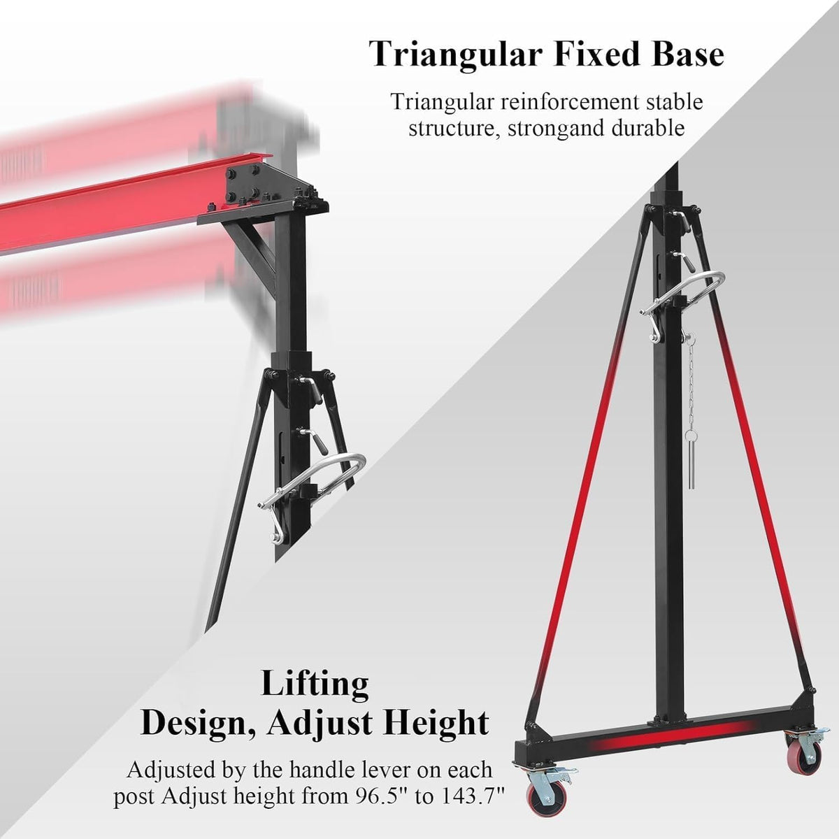 1 Ton Adjustable Height Gantry Crane with Locking Casters - 2200 LBS Heavy Duty Steel Shop Crane for Workshop, Garage, Warehouse