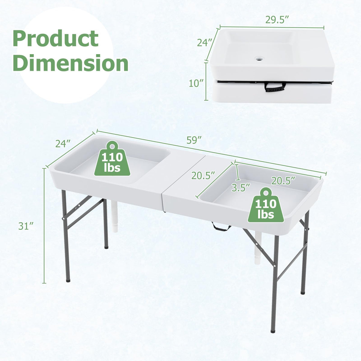 Giantex 5 FT Folding Ice Table with Double Sinks and Drains, Portable Ice Cooler Table with Removable Skirt, No Assembly, Foldable in Half, Fill and Chill Stand for Party Camping BBQ Wedding, White