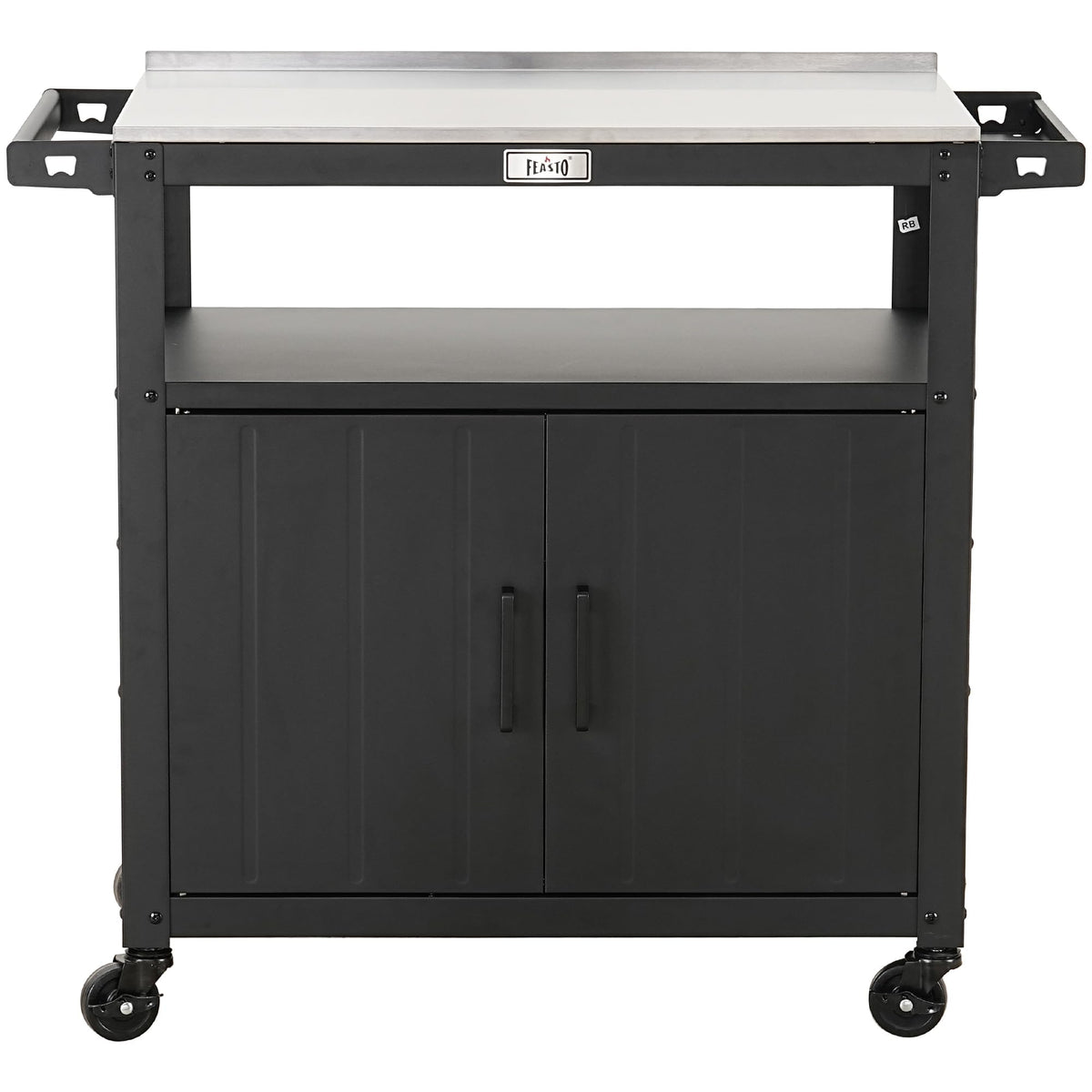 Feasto Outdoor Grill Cart with Stainless Steel Tabletop and Storage Cabinet, Movable Kitchen Island with Wheels for BBQ Food Prep, Black