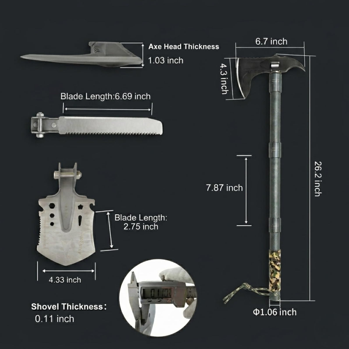 Muti-Functional Axe, Shovel, Saw Knife Kit, 5Cr13 Martensitic Stainless Steel Axe Head, 7075 Aluminum Camping Hatchet. Secure Locking Collar Hatchet.
