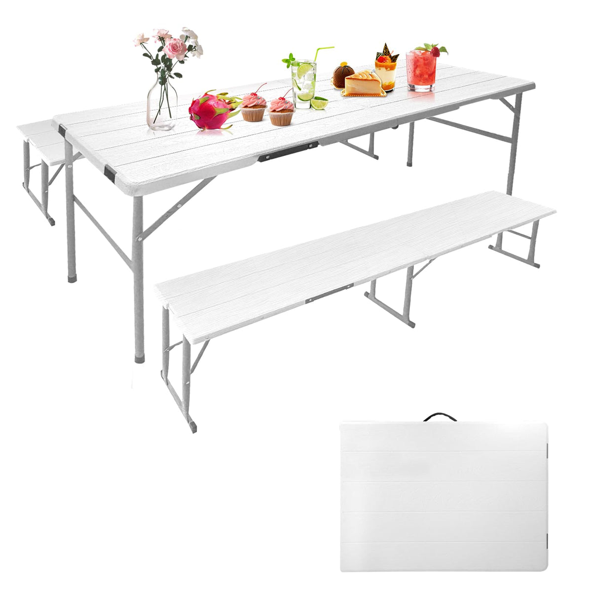 HiEthan Picnic Table Set with 2 Benches, 5FT Portable Folding Picnic Table for Indoor Outdoor, Camping Patio Dining, Heavy Duty Metal Frame, Compact Carry for Backyard, White