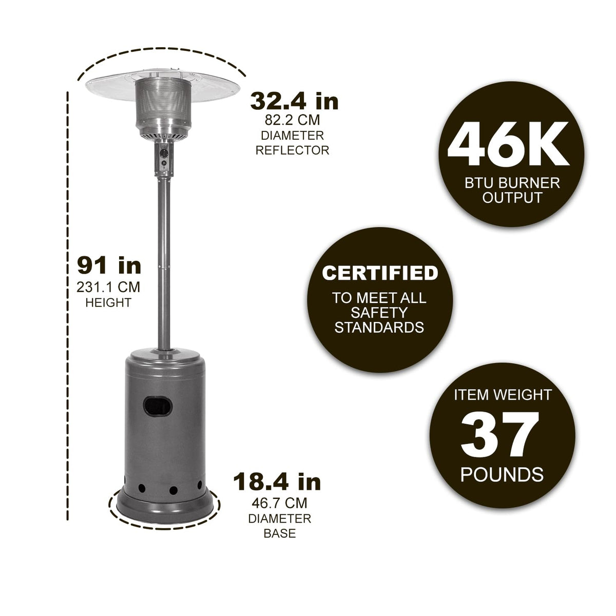 Amazon Basics 46,000 BTU Portable Outdoor Propane Patio Heater with Wheels, Commercial & Residential with Water Tank, Adjustable Heat Output, 9-Foot Radius, Slate Gray, 32.1"L x 32.1"W x 91.3"H