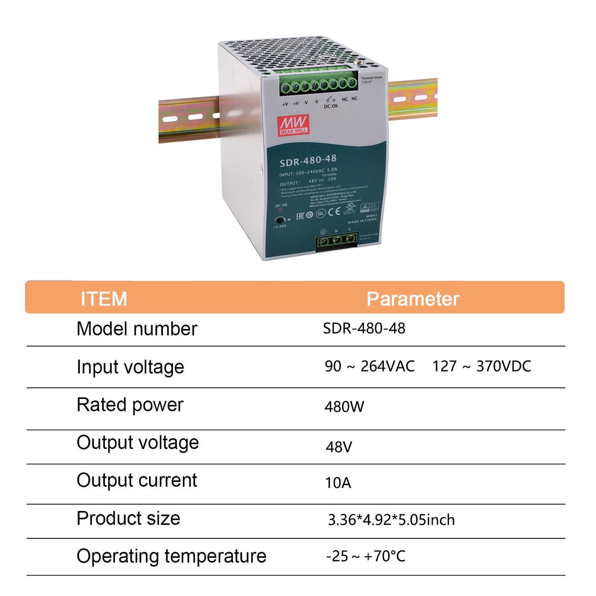 MedInnov SDR-480-48 480W 48V 10A High Power Industrial Power Supply - Robust and Reliable for Demanding Electromechanical Equipment Applications, DIN Rail Mount