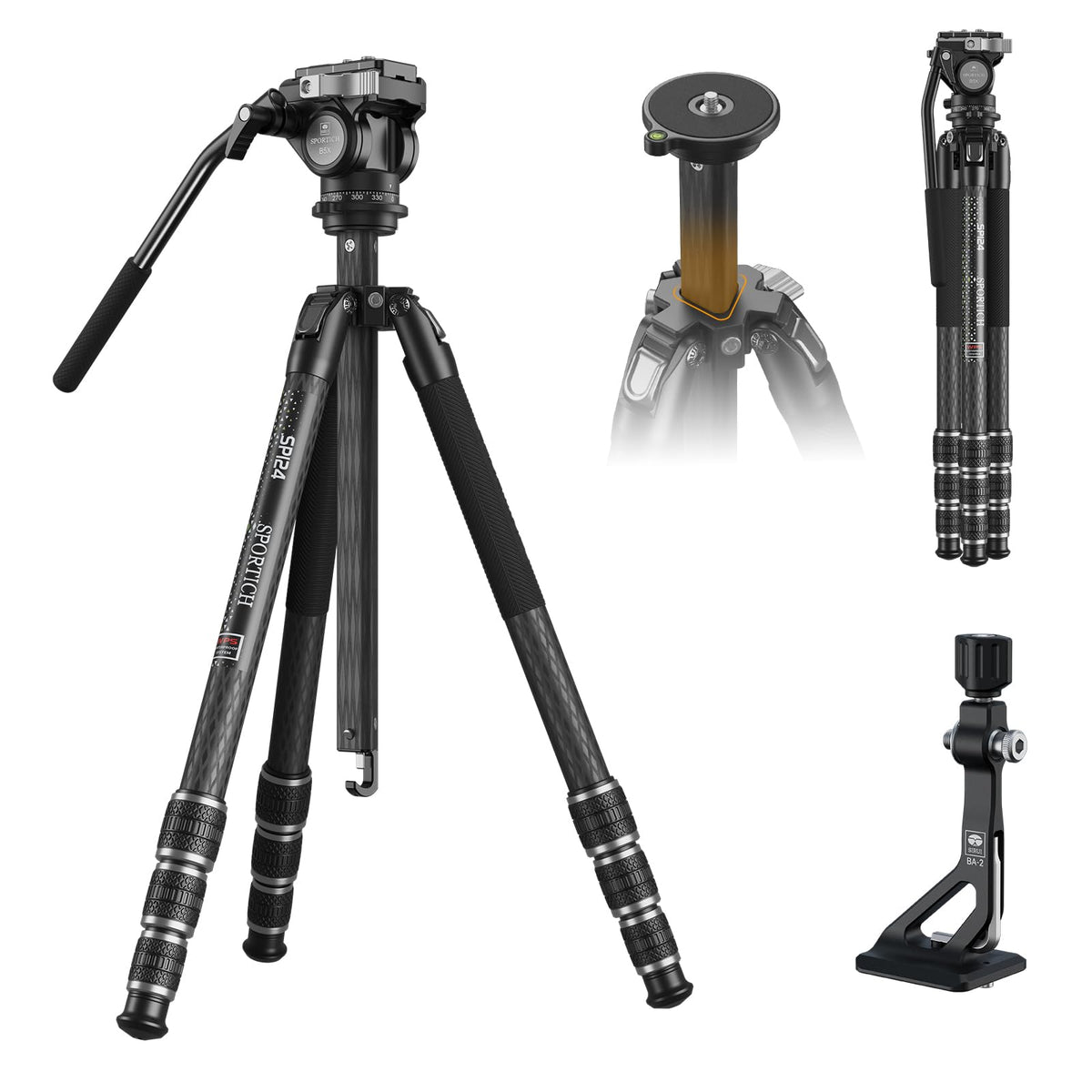 SPORTICH SP124+BX5 Optics Carbon Fiber Tripod with Fluid Pan Head, 62.2" Travel Tripod with Center Column, Binocular Adapter, for Binoculars, Spotting Scopes, Cameras, Max Load 26lbs