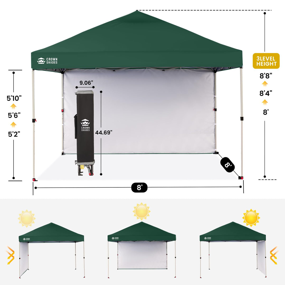 CROWN SHADES Pop Up Canopy with 1 Side Wall - Beach Tent with One Push Setup - Outdoor Sun Shade for Events, Parties, Camping - Gazebo with STO-N-Go Cover Bag, Forest Green, 8x8FT