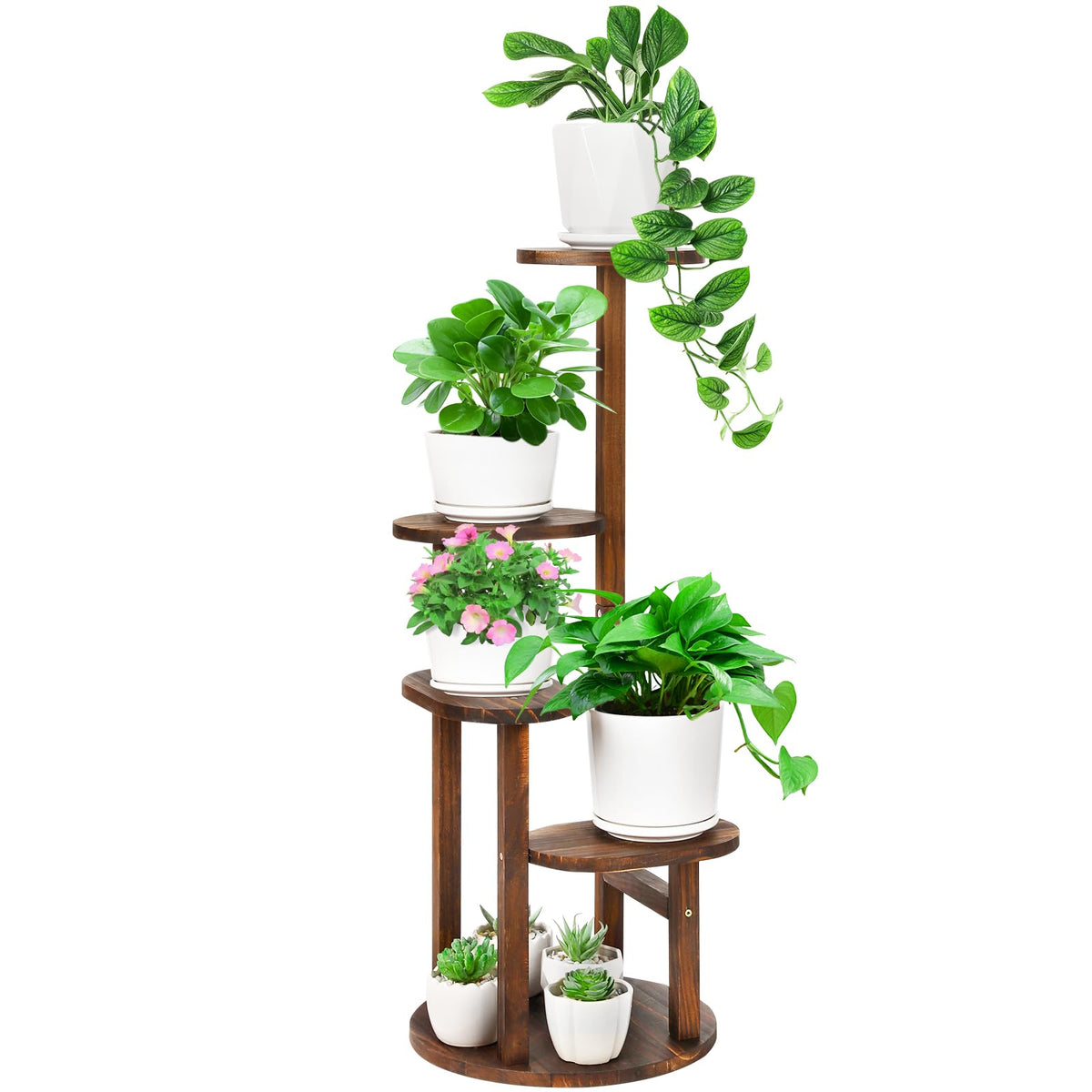 Jotboom 4 Tier Tall Plant Stand Indoor, Wood Corner Plant Shelf for Multiple Plants, Sturdy Oval Tiered Flower Pot Holder Display Rack for Living Room Balcony Patio, Carbonized Pine Wood