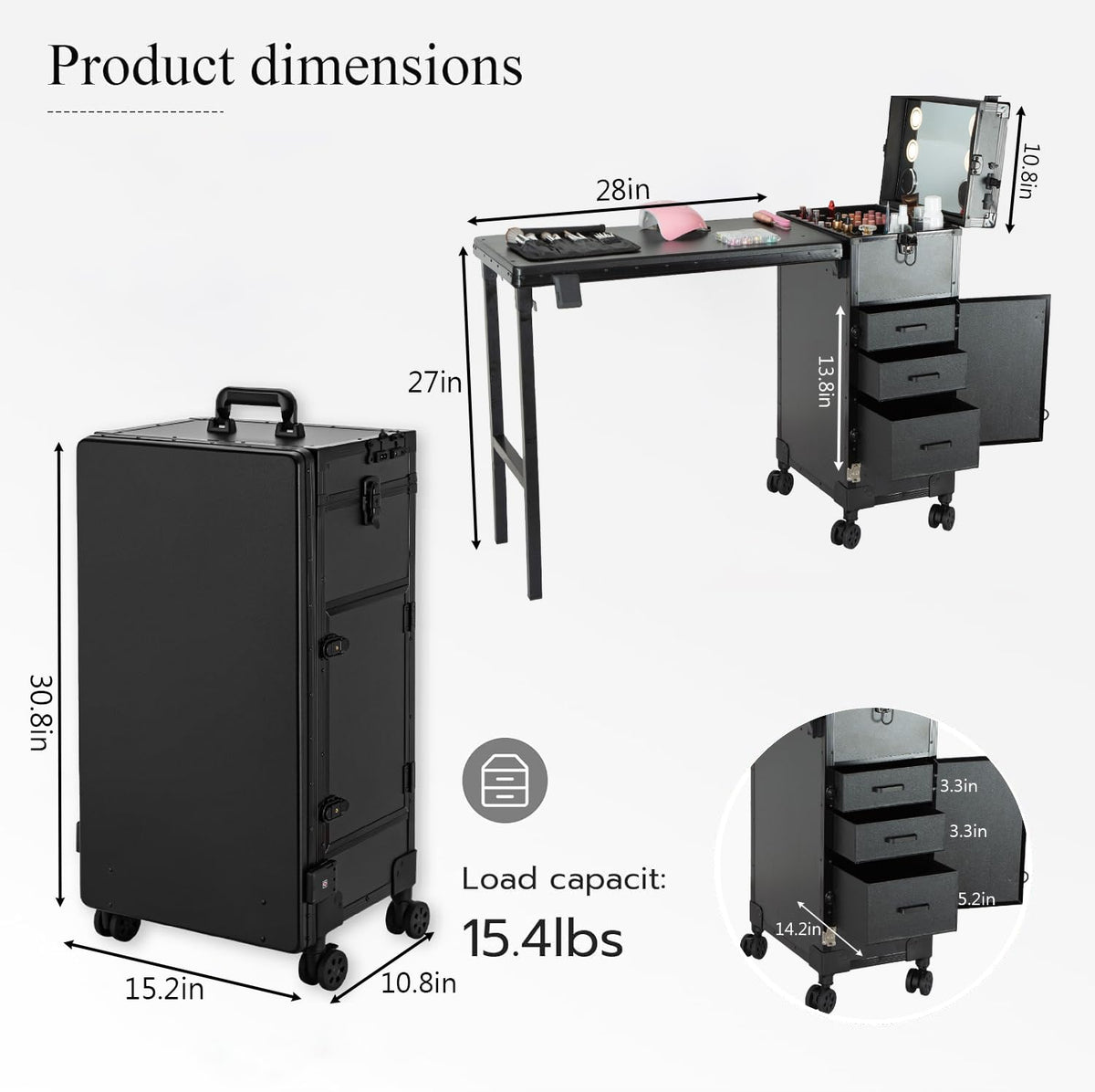 Gdsshuhung Portable Nail Desk with LED Mirror, Heavy Duty Foldable Manicure Table with 3 Drawers, Rolling Makeup Train Case Cosmetology Trolley on Wheels, Mobile Nail Tech Workstation (Black)