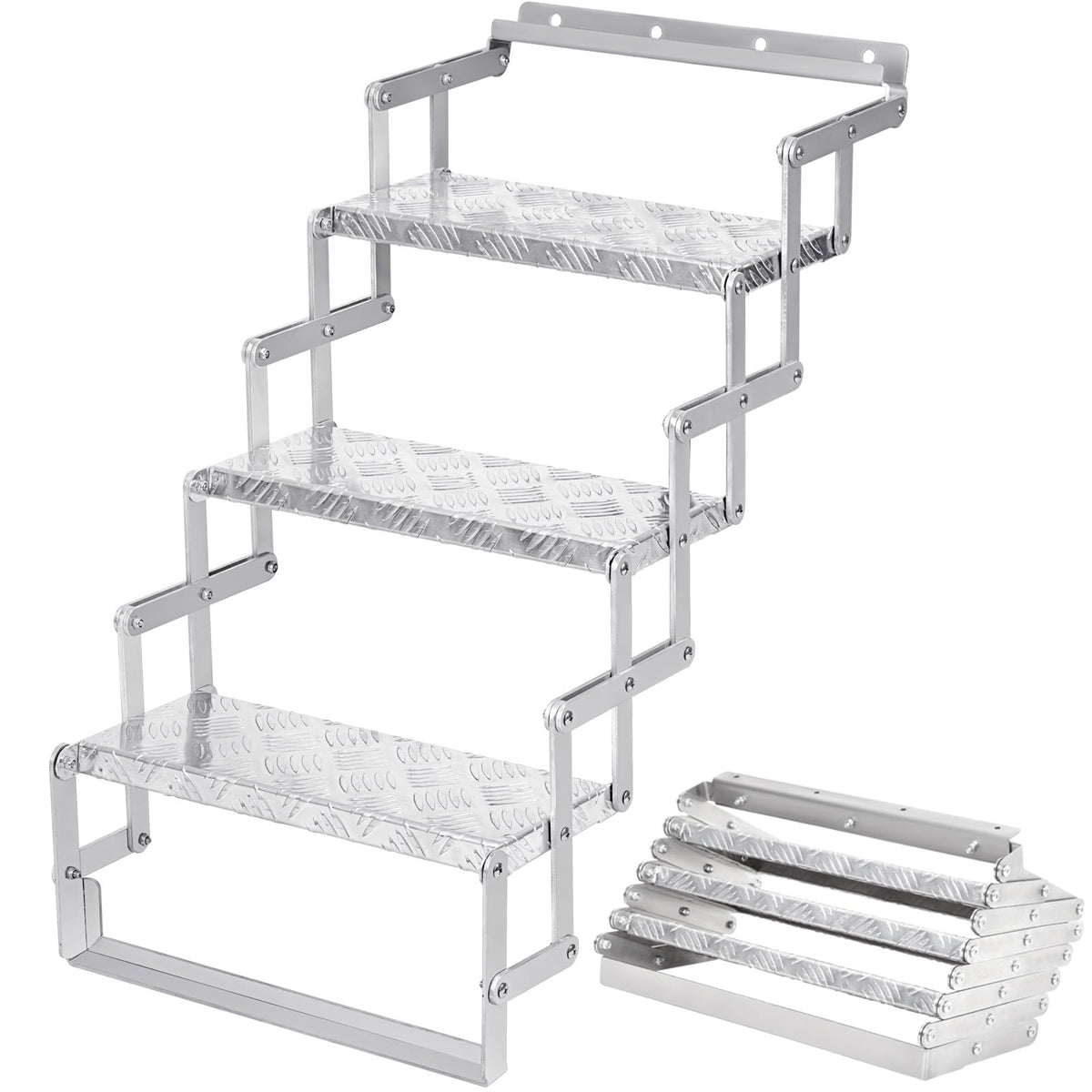 KodMtiz Aluminum Scissor Stairs, 3 Steps Outdoor RV Step Ladder, 18" Wide Camper Stair Ladder with Anti-Slip Surface, Portable Stairs for Travel Trailer, Silver