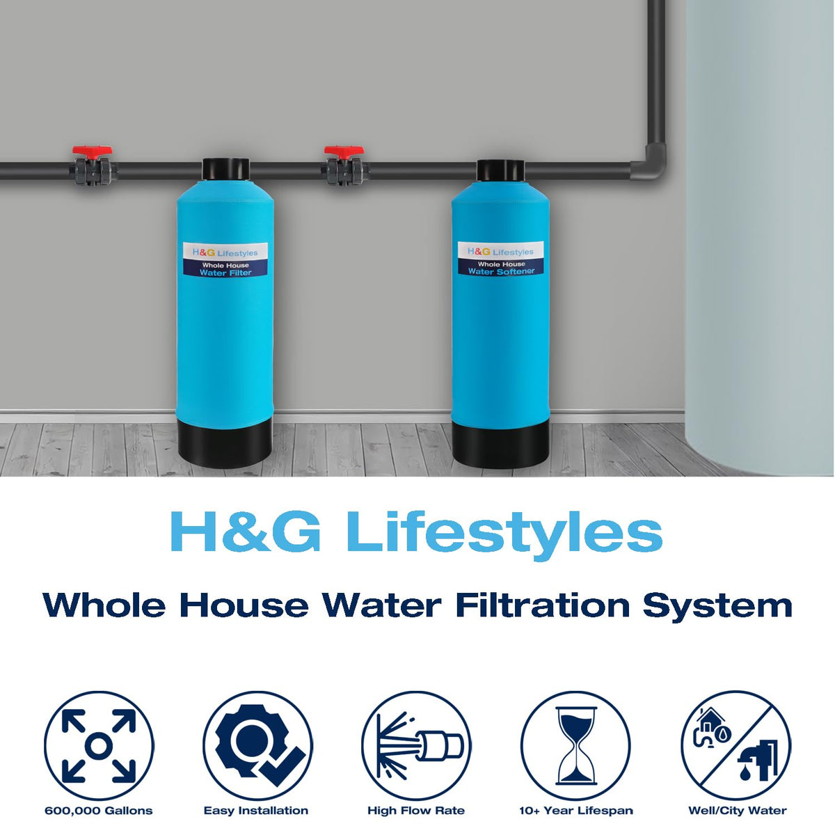 H&G Lifestyles Whole House Water Softener 32,000 Grains, NSF certified Whole Home Water Filtration System for Well & City Water, Remove Calcium Magnesium, Food Grade Resin, Silver-Enhanced, 700,000 Gl