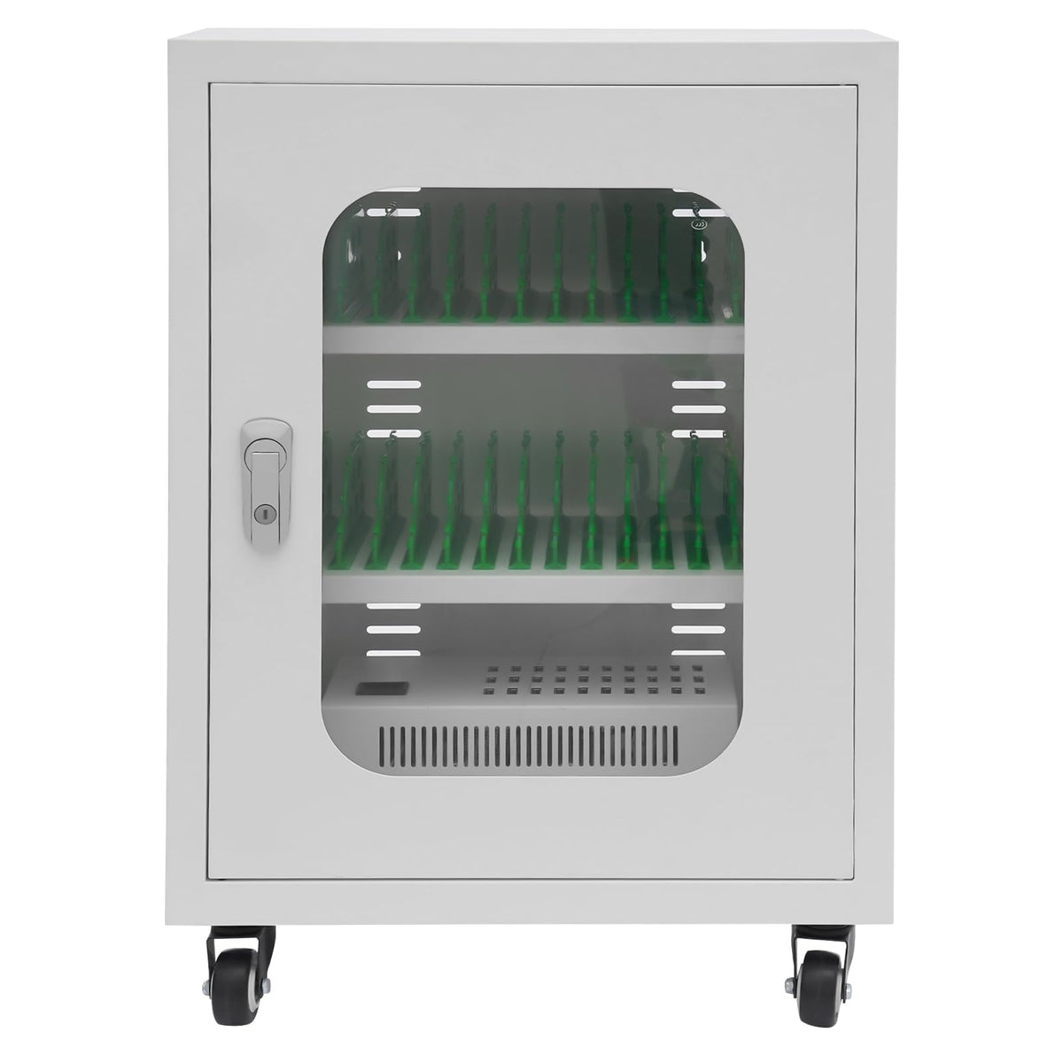 30 Device Charging Station, Mobile Charging Cart for Phones with Tempered Glass Door Rolling Phone Charging Cabinet with Cable Management Slot for Classroom Office (White)