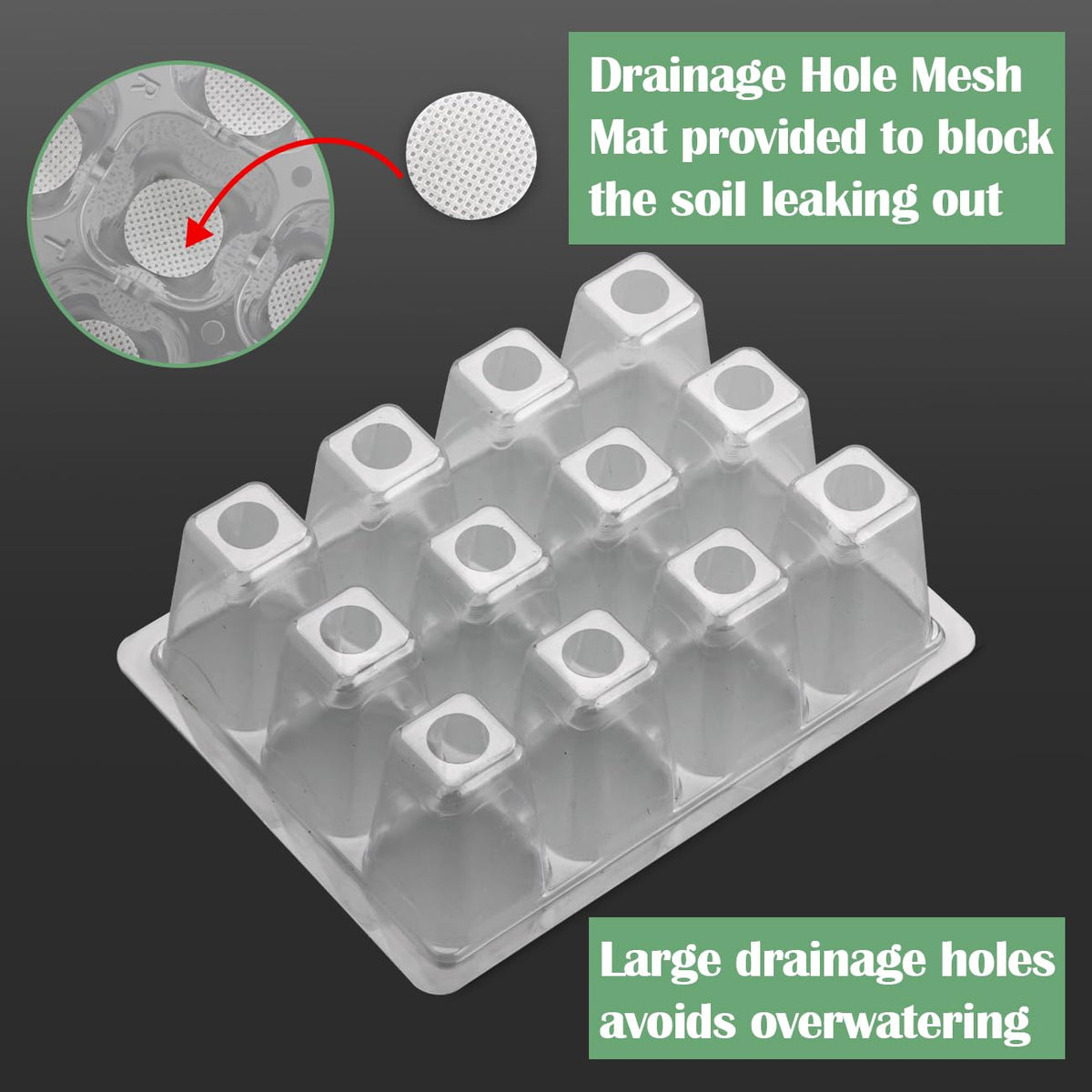 RooTrimmer 60 Pack Reusable 12-Cell Clear Seed Starter Trays - Extra Large Drainage Holes, Easy to Repotted, Clear Transparent Tray for Root Observation, Seed Starting, Fits Standard 1020 Trays