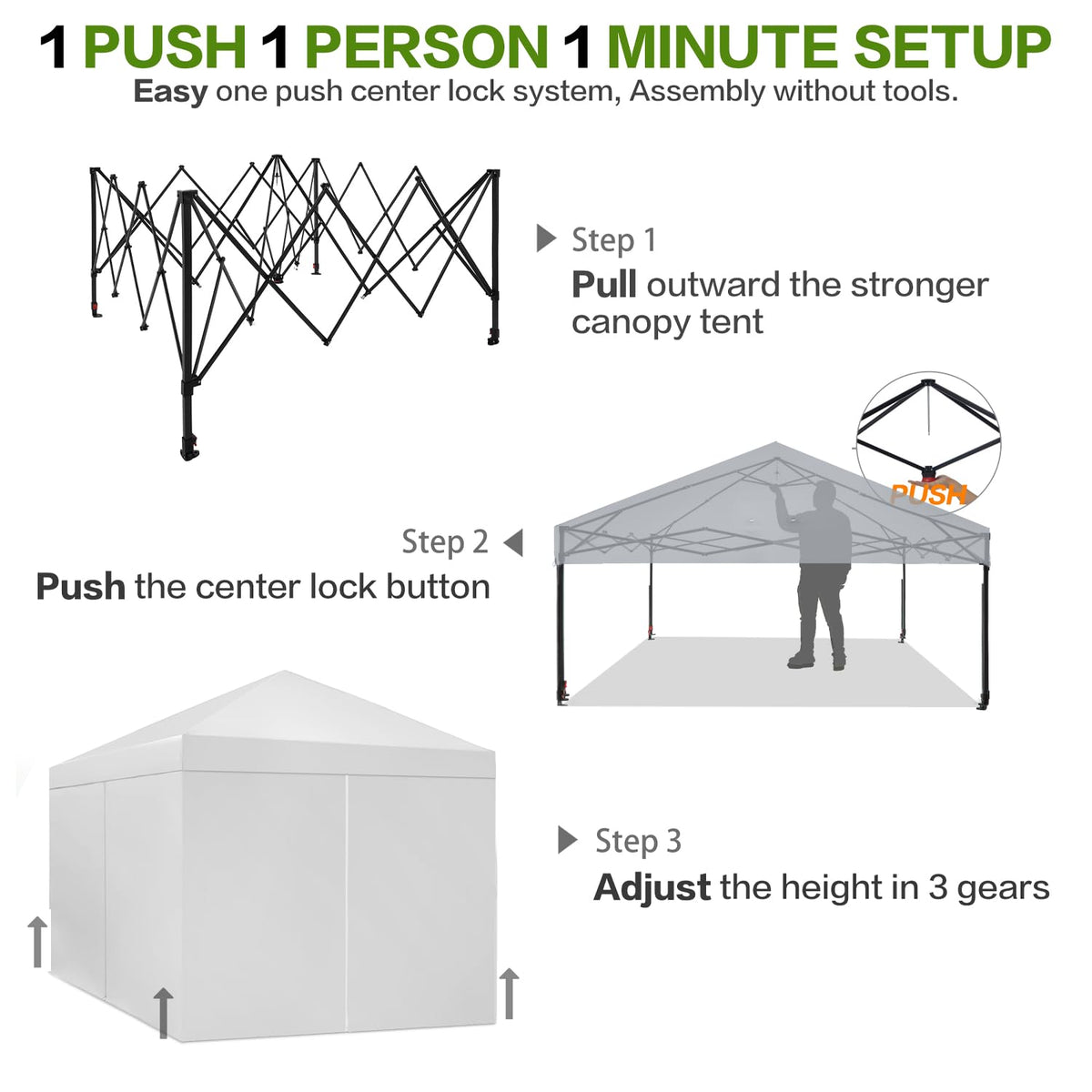 Tunbne 10X10 Comercial Pop Up Canopy Tent with 4 Sidewalls and 6 Pockets, One Push Setup Center Lock, for Beach Patio Outdoor, Case, 8 Stakes, 4 Ropes, 4 Sandbags (Snow White)