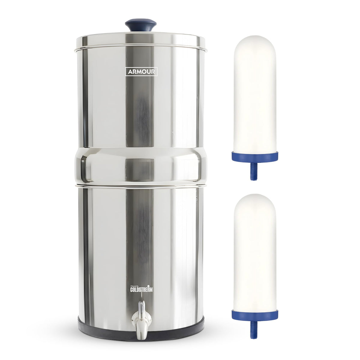 Armour Water Filter System - Stainless Steel Countertop Gravity Water Filter Dispenser with 2 Coldstream FTO Filters for PFAS, Fluoride, Lead, Bacteria - NSF Certified Water Dispenser