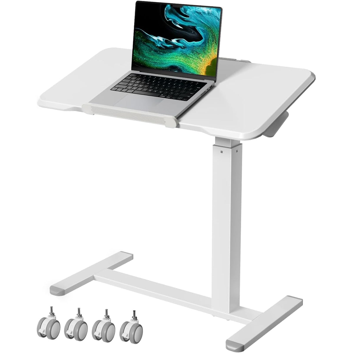 Gibbon Mounts 32inch Rolling Laptop Desk, 180° Tiltable Mobile Standing Desk Height Adjustable, Overbed Bedside Table, Portable Computer Desk with Lockable Wheels, Foldable Cart for Home Office, White