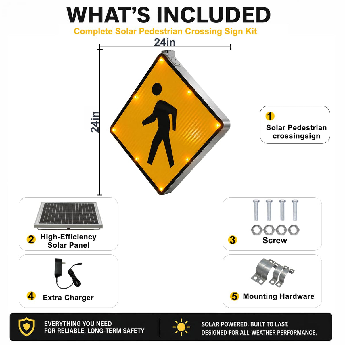 GAJTTR 24" Solar Powered LED Pedestrian Crossing Sign, High Visibility Flashing Crosswalk Sign with 8 Blinking LEDs, Engineer Grade Reflective Film, Heavy Duty Aluminum Metal Frame for Schools, Driveways & Communities (Yellow)
