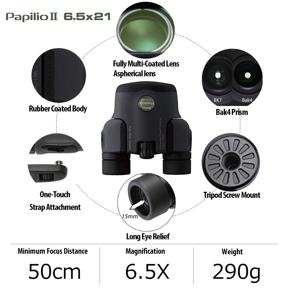 Pentax Papilio II 6.5x21 Binoculars (Gray) Suitable for Watching Objects Both Close-up and far Away
