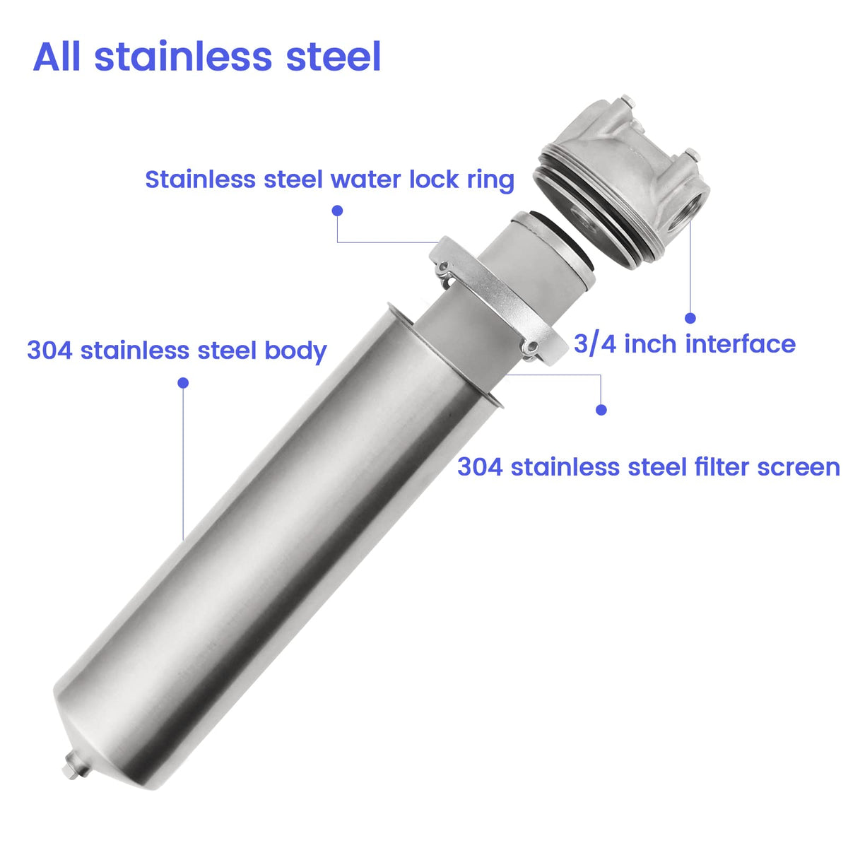 Amwater NSF/ANSI 42 Stainless Steel Whole House Water Filter Housing, 10" x 2.5" Sediment Water Filter System for Heavy Duty, Well & City Water, 3/4" NPT Port, Drain Valve Style C(Square Head)