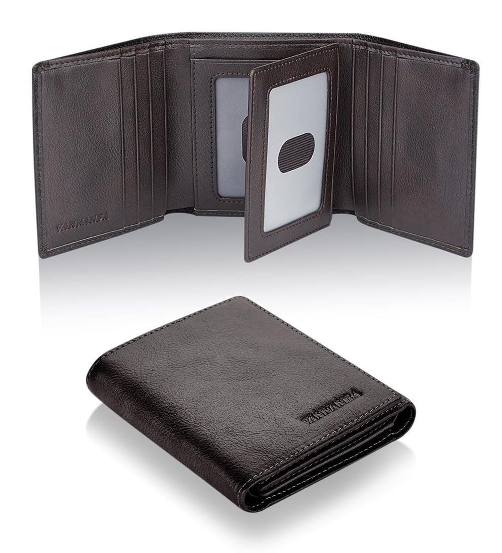 VANNANBA Men's Leather Trifold Wallet with Folded ID Windows,12 Card Slots & 2 Note pockets(Dark Brown)