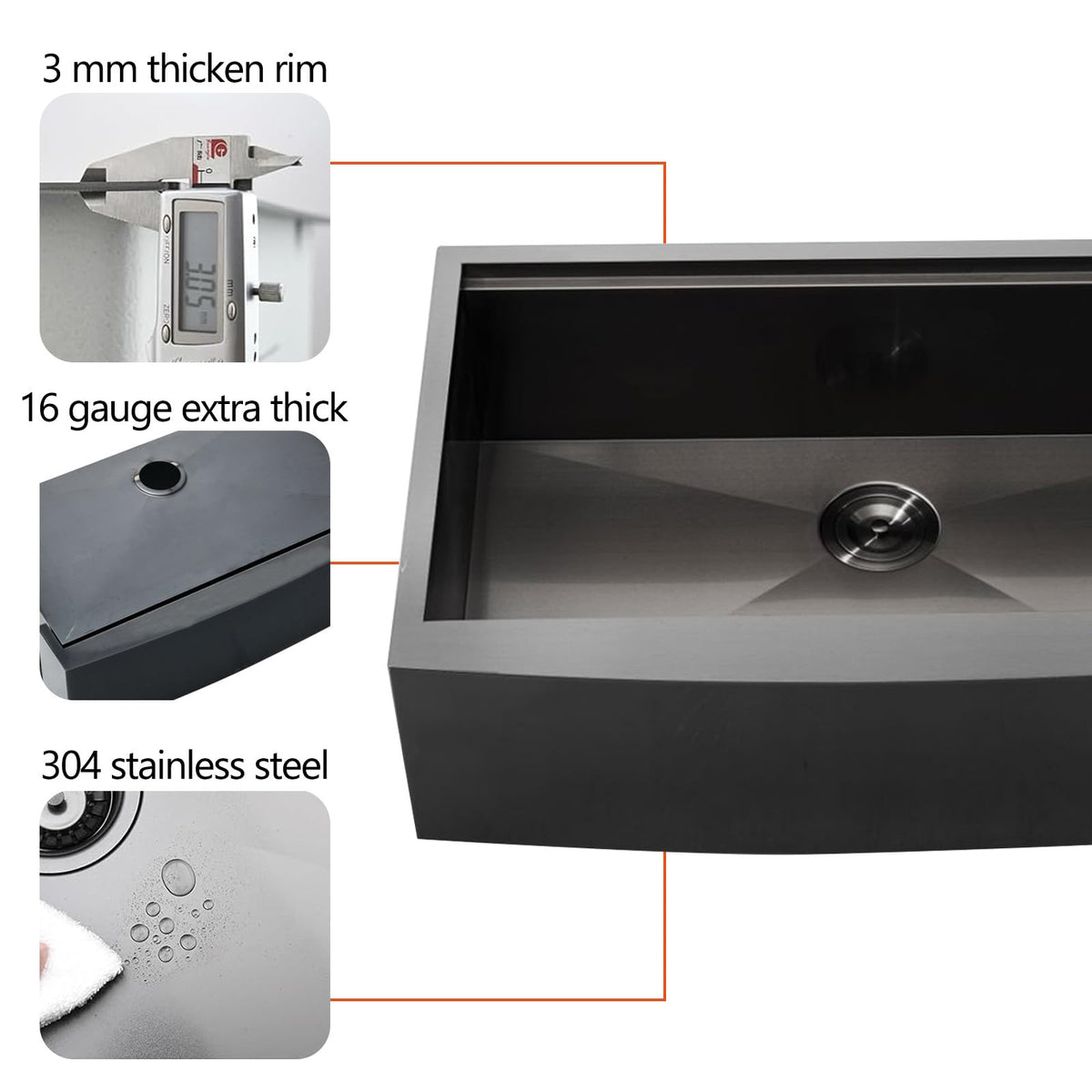 HOTIS 33 Inch Black Farmhouse Sink, Undermount Gunmetal Black Workstation Apron Front Kitchen Sink, 33 x 22 Stainless Steel Farm Sink 16 Gauge 9 Deep Single Bowl Kitchen Sink with Cutting Board