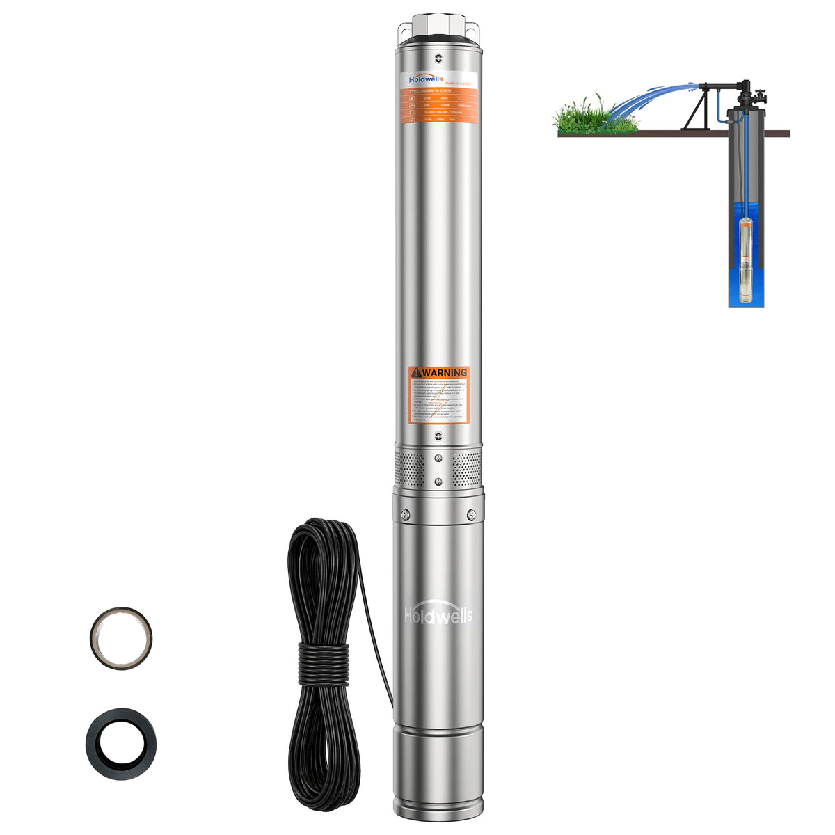 Holdwell S 2HP Deep Well Submersible Pump 230V/60Hz, 4 Inch Stainless Steel Water Pump with 33ft Cord, 37GPM Flow 427ft Head, IP68 Waterproof Built-in Controller for Industrial, Irrigation, Home Use