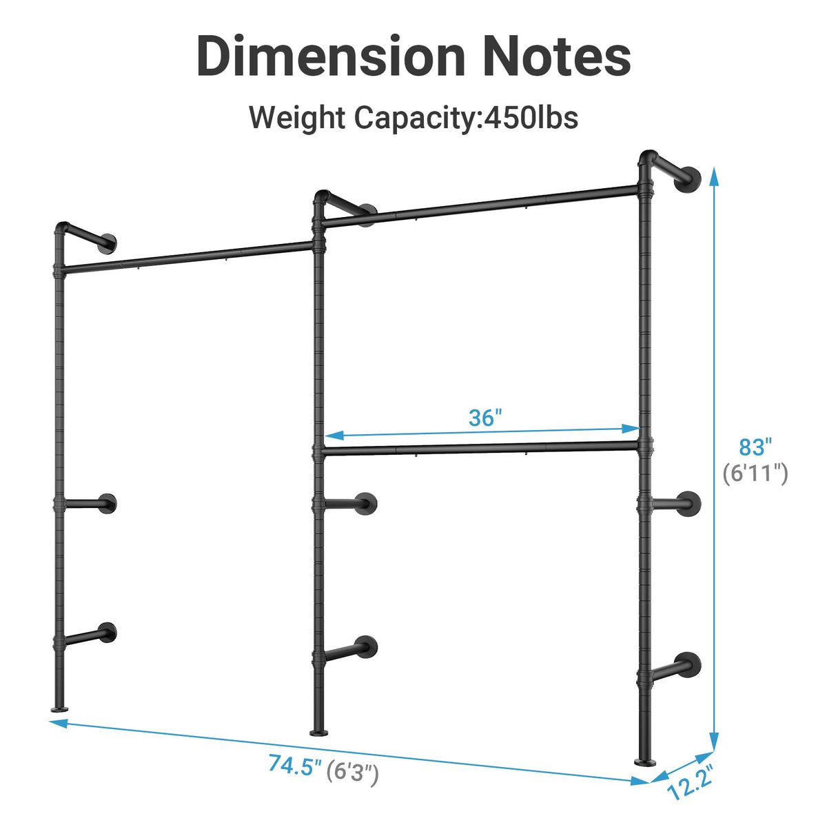 Timate P2 Industrial Pipe Clothes Rack, Wall Mounted Open Closet System with 3 Hanging Rods, L-Shape & Straight Configuration Garment Rack for Closet, Bedroom, Apartment, Retail Display, Black