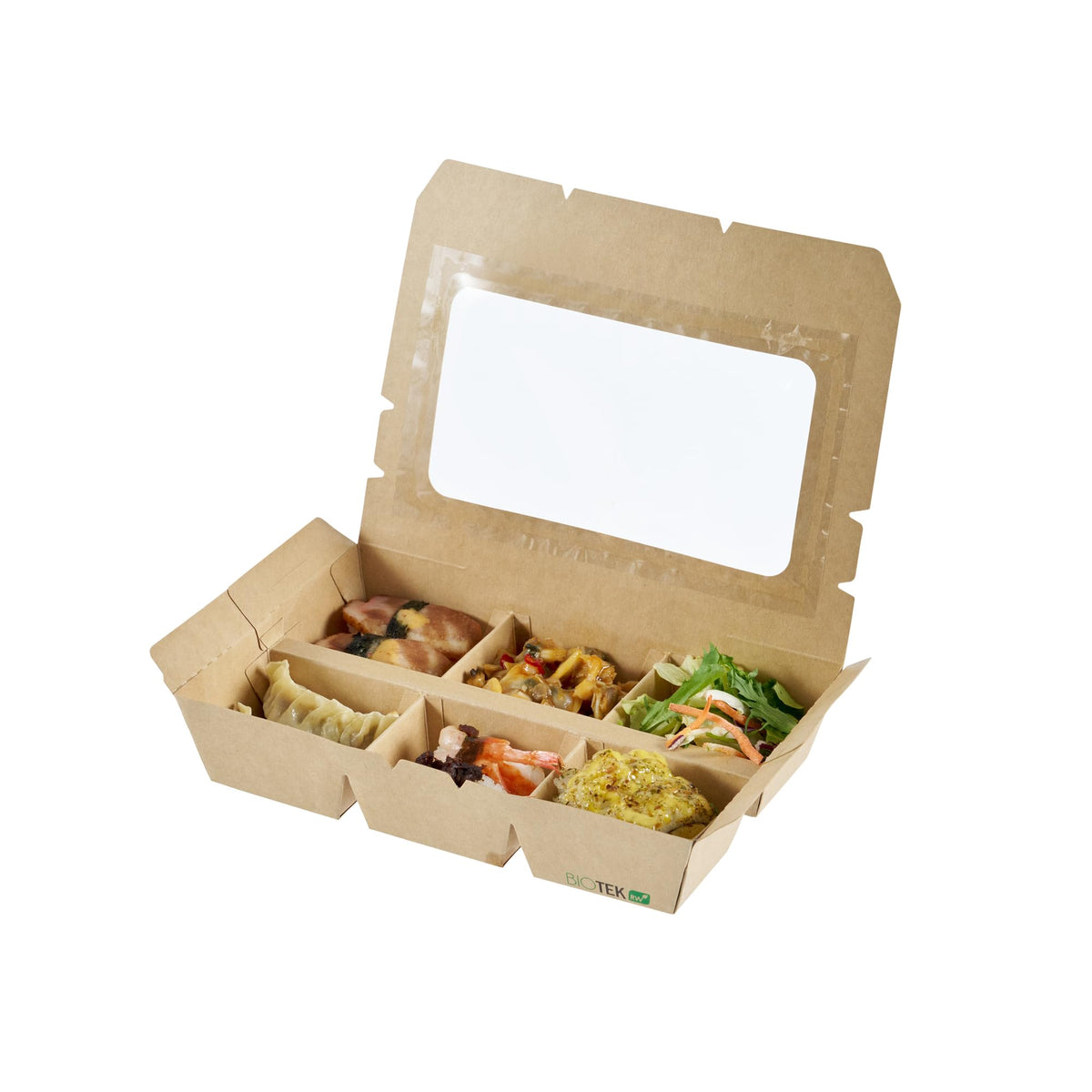Restaurantware Take Out Box 200 Pack of 23 oz Paper 6-Compartment Food Container Grease-Resistant with Window Kraft Bento Box for Cookies, Sandwiches, Takeaway