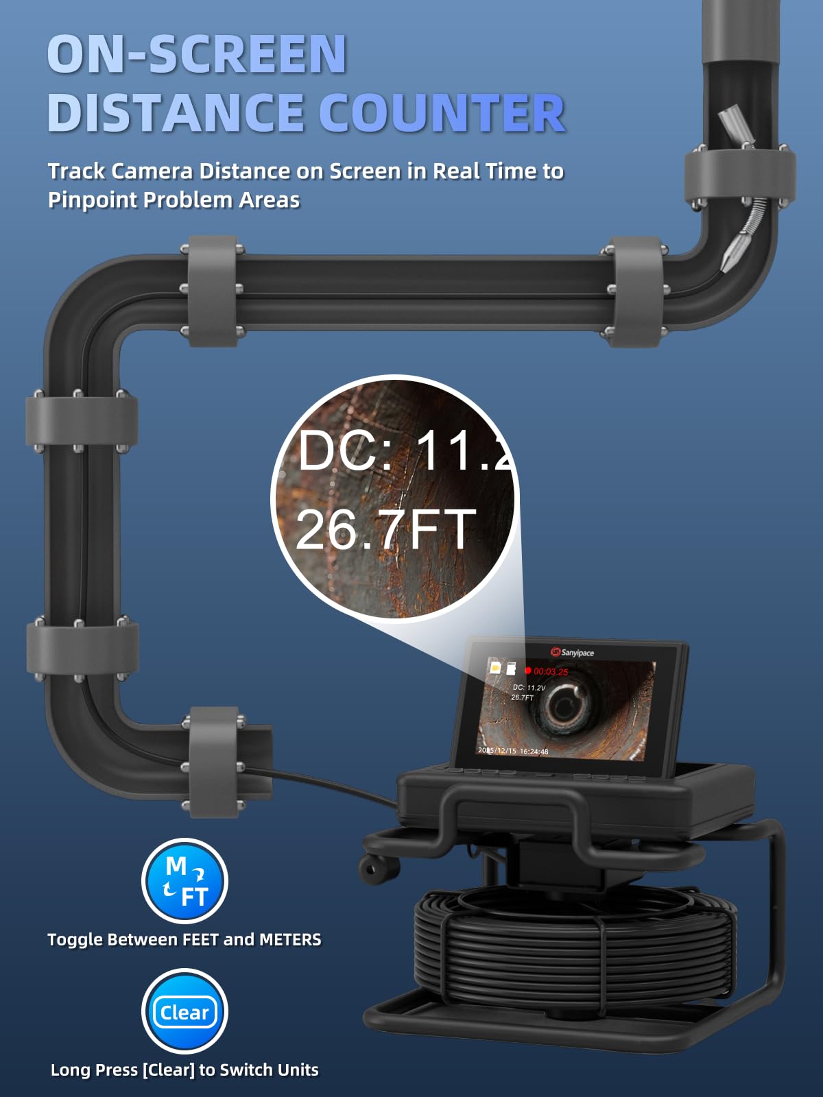 Sanyipace Sewer Camera 165FT/50M,7" IPS Pop-Up Screen Plumbing Camera, Built-in 32GB DVR with Mic&Speaker,20X Digital Zoom,Distance Counter,IP68 Waterproof Drain Camera for Plumbers Homeowners