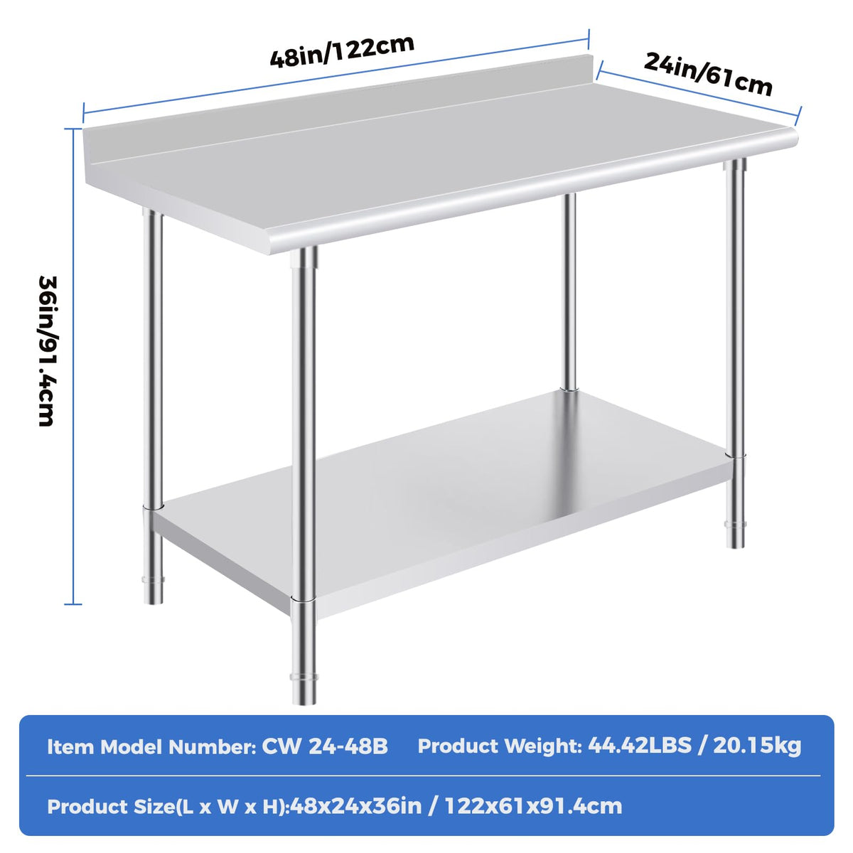OSTBA Stainless Steel Table for Prep & Work 24x48 Inches with Backsplash, NSF Metal Commercial Heavy Duty Table with Adjustable Undershelf and Foot for Restaurant Kitchen Home and Hotel