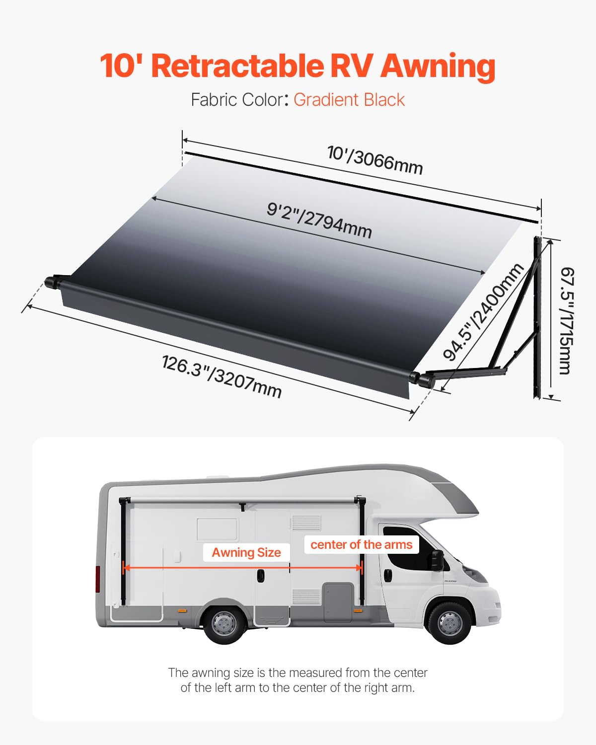 VEVOR Motorized RV Awning Complete Kit, 10' Retractable Awning with Aluminum Alloy Frame, Outdoor Trailer Awning, Fit for Most RVs(Black Fade)