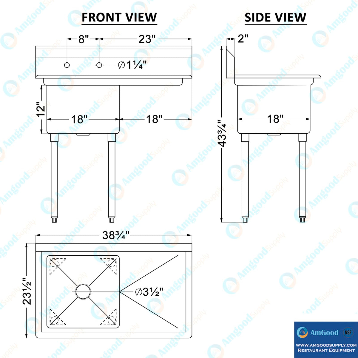 39 in. x 23.5 in. Stainless Steel One Compartment Sink with 18 in. x 18 in. Bowl and 18 in. Right Drainboard. NSF
