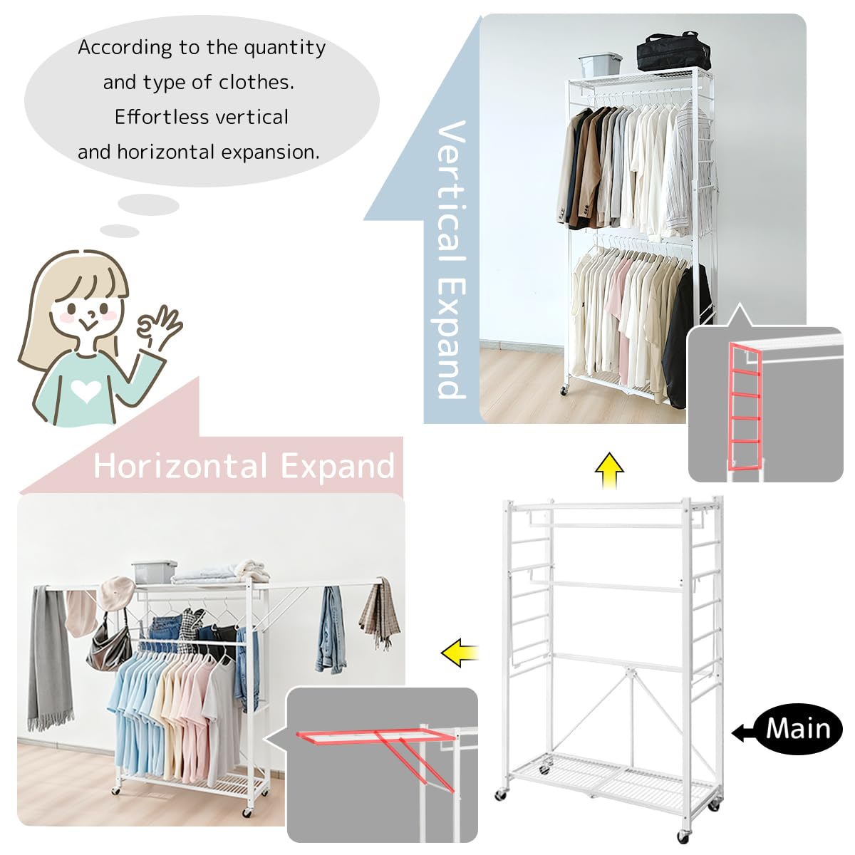 lumizone Folding Clothing Rack with Wheels Expandable Wardrobe Portable Clothes Rack for Hanging Clothes Adjustable Closet Shelves Garment Rack Durable Closet Racks for Hanging Clothes (Pro Black)