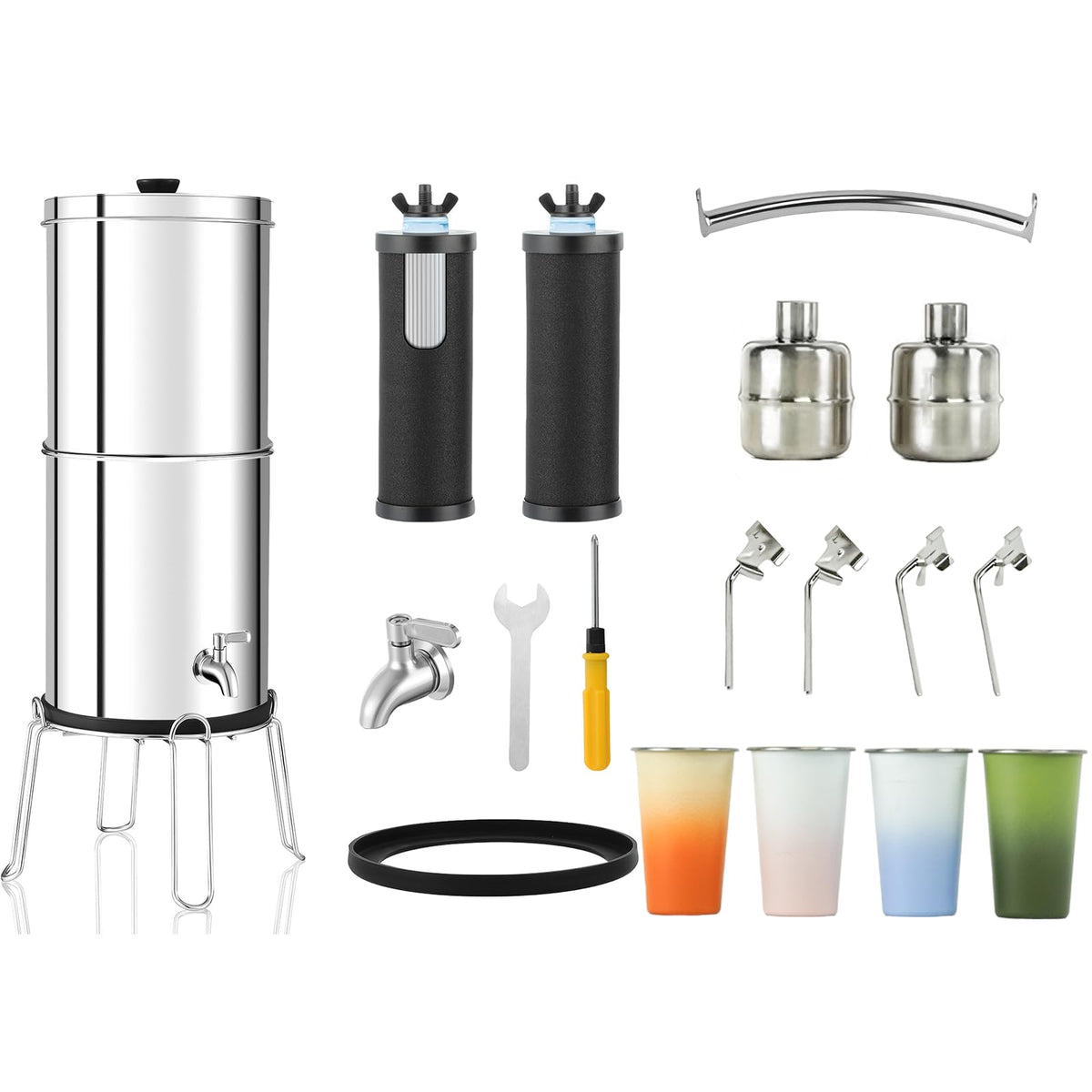 2.25G Ultra-Filtration Gravity Water Filter System-304 Stainless Steel Countertop System with Handle,2 Shut-Off Valves,4 Cups+Holders,2 Carbon Filters and Stand,NSF/ANSI 42 Certification