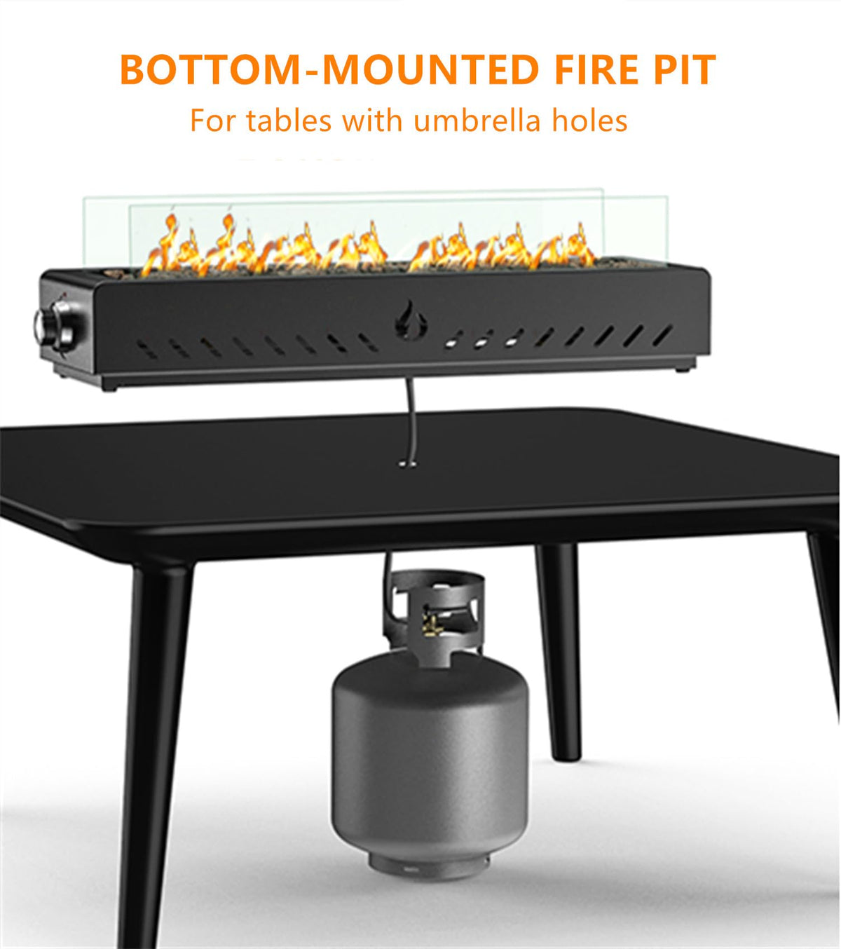 28" Tabletop Propane Gas Fire Pit Bottom-Mounted for Table with Umbrella Hole, Portable Smokeless Firepit with Glass Wind Guard for Outdoor Patio Backyard Porch Camping Tailgating RV, 40000BTU, FP044